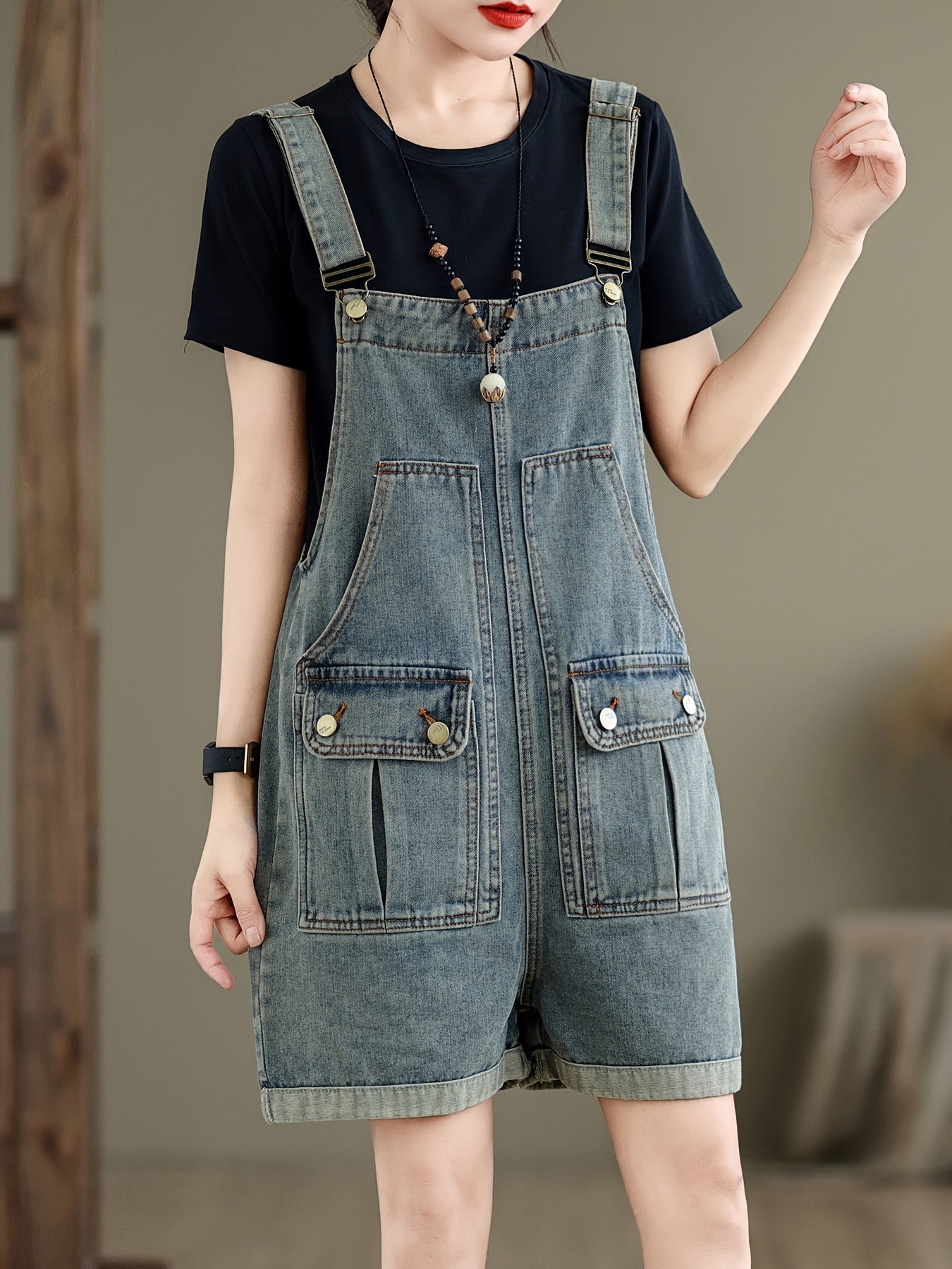 Plain Washed Blue Flap Pocket Adjustable Strap Retro Style Roll Up Hem Denim Overalls Shortalls Dungarees, Women's Denim Jeans & Clothing