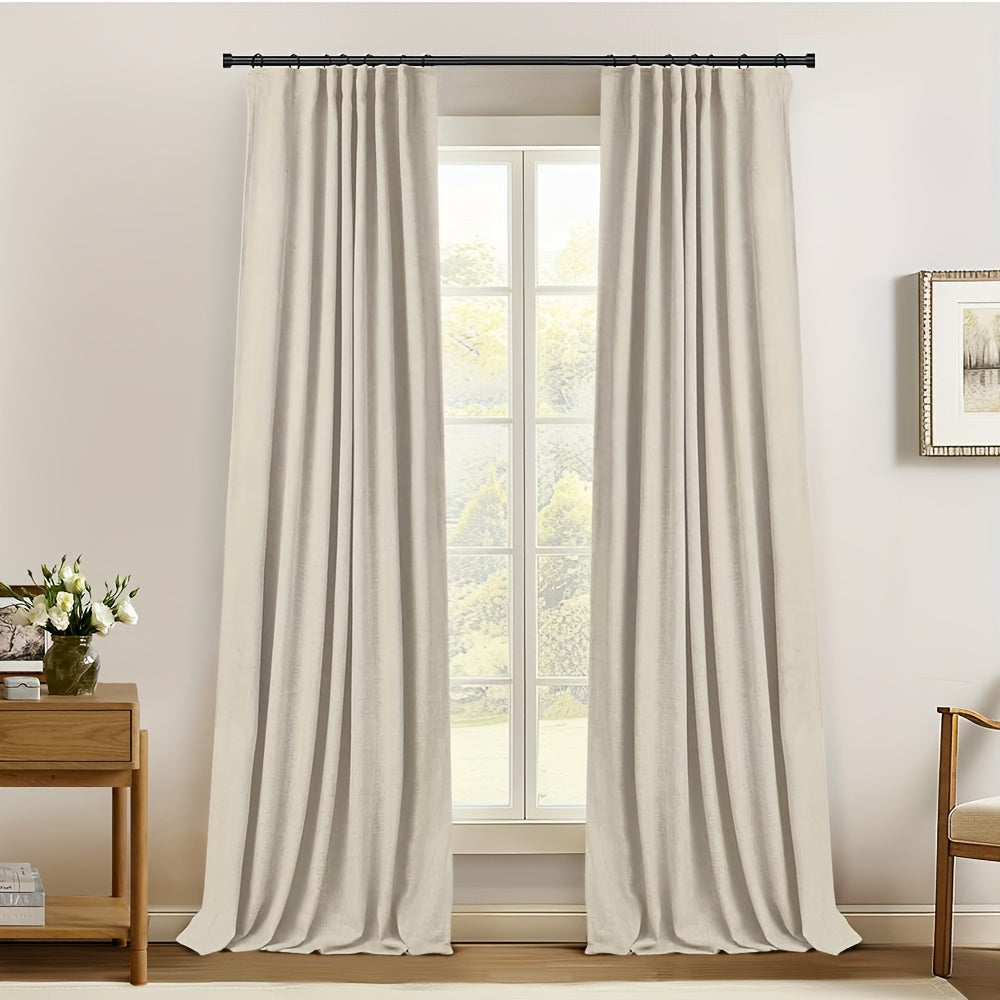 2 Panels 100% Blackout Linen Textured Curtains - Complete Darkness & Thermal Insulation - Natural Elegance for Bedroom & Living Room - Includes Clip Rings or Rod Pocket Options