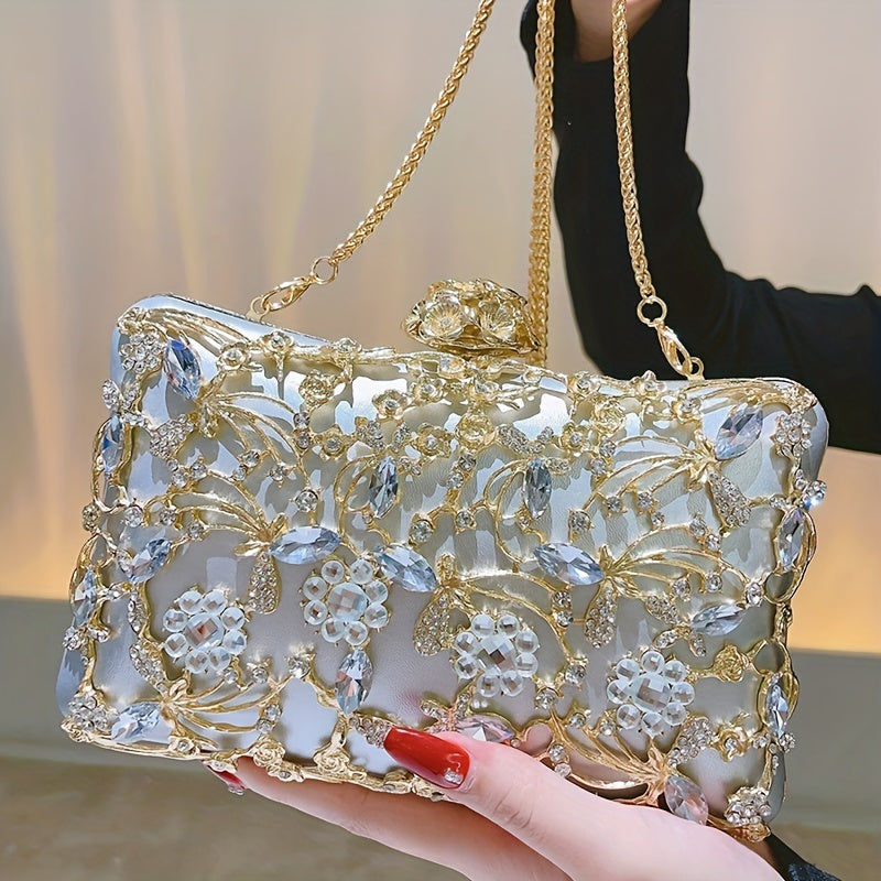 Hollow Rhinestone Evening Bag, Elegant Box Clutch Purse, Women's Handbags For Party Prom Wedding