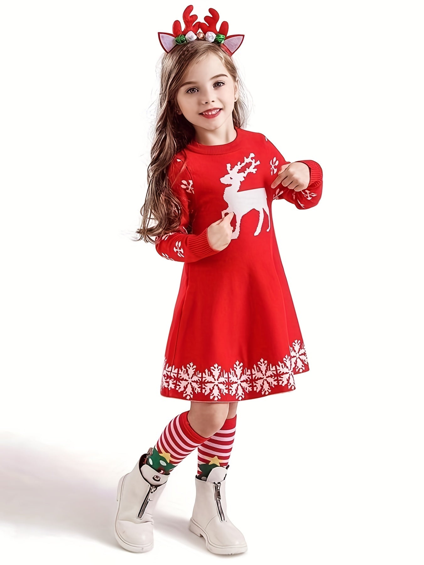 Cozy Girls' Deer Pattern Sweater Dress - Special Occasion, Round Neck, Long Sleeve, Knitted, Christmas Themed, Soft and Warm - Perfect for Holiday Parties