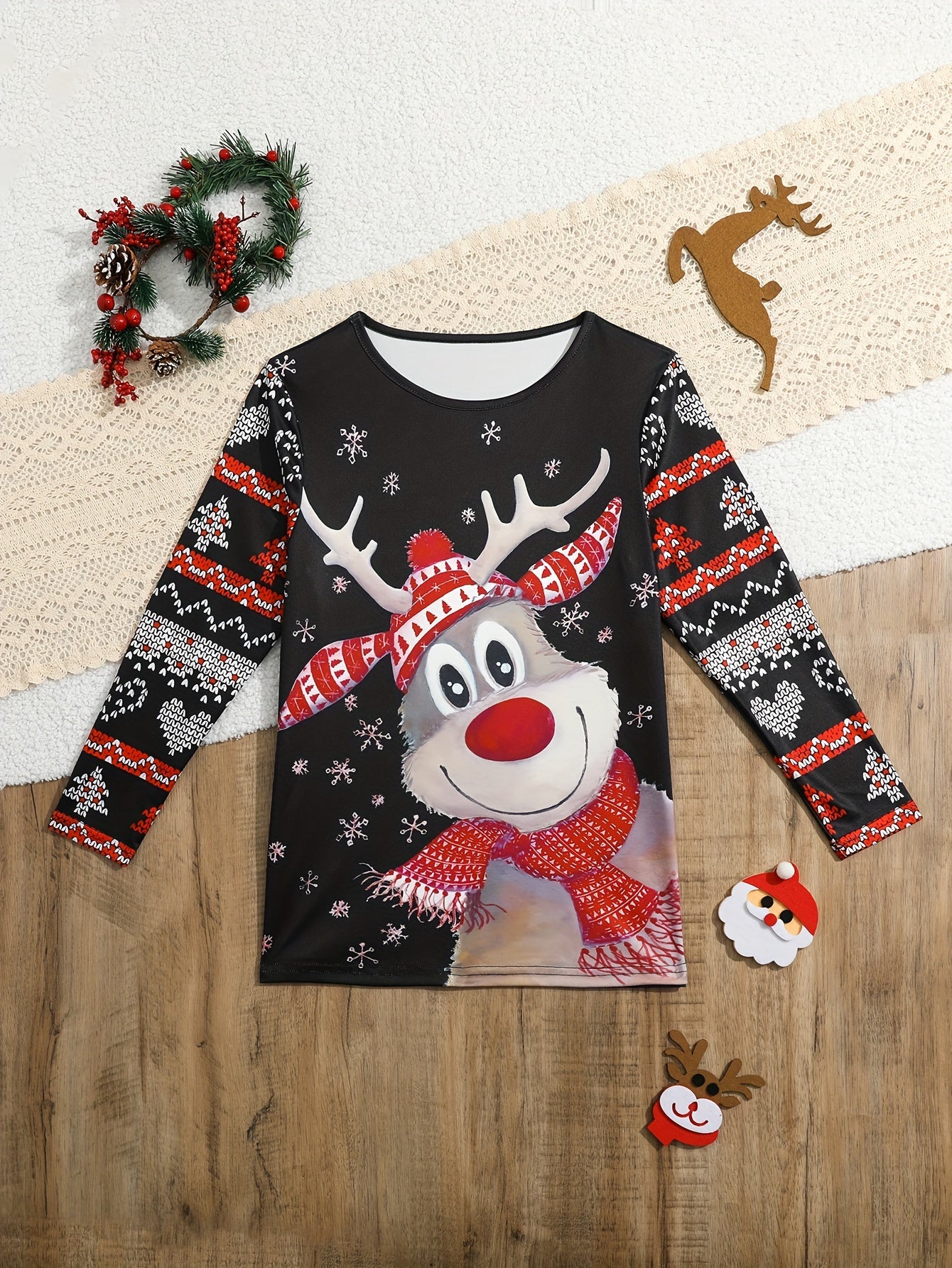 Cozy Reindeer Graphic Long Sleeve T-shirt for Girls - Comfy Pullover Tops for Spring and Fall Seasons, Perfect Christmas Gift Idea with Lovely Design