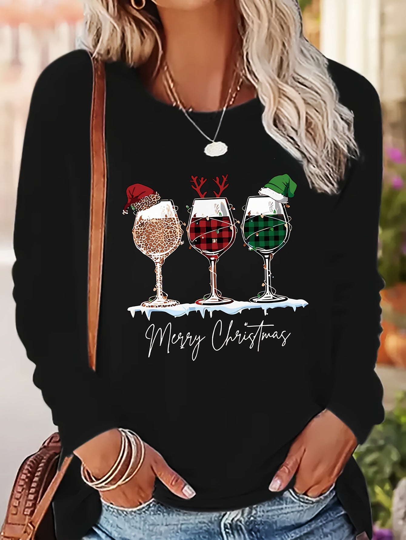 Women's Festive Christmas Wine Glass & Letter Print Long Sleeve T-Shirt - Casual Crew Neck, Polyester, Machine Washable