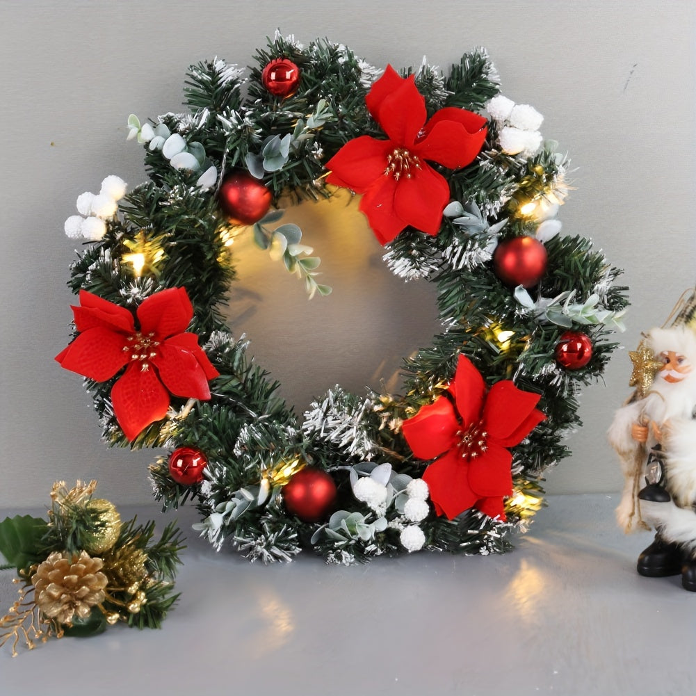 15.7 Inch Christmas Wreath Door Wall Ornament Artificial Wreath, Green Rattan With Red Flower And Ball Decorations And Battery Operated LED Lights For Home Stairs Fireplace Front Porch Door Display Indoor Outdoor Christmas Party Decor