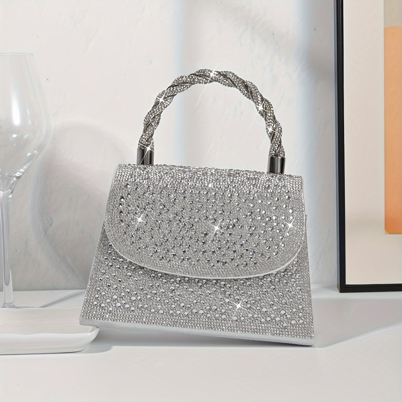 Mini Glitter Rhinestone Satchel Dinner Bag - Shiny Silvery Magnetic Closure Party Flap Handbag with Polyester Lining for Women - Solid Color, Decorative, Sparkling, and Elegant Accessory for Special Occasions