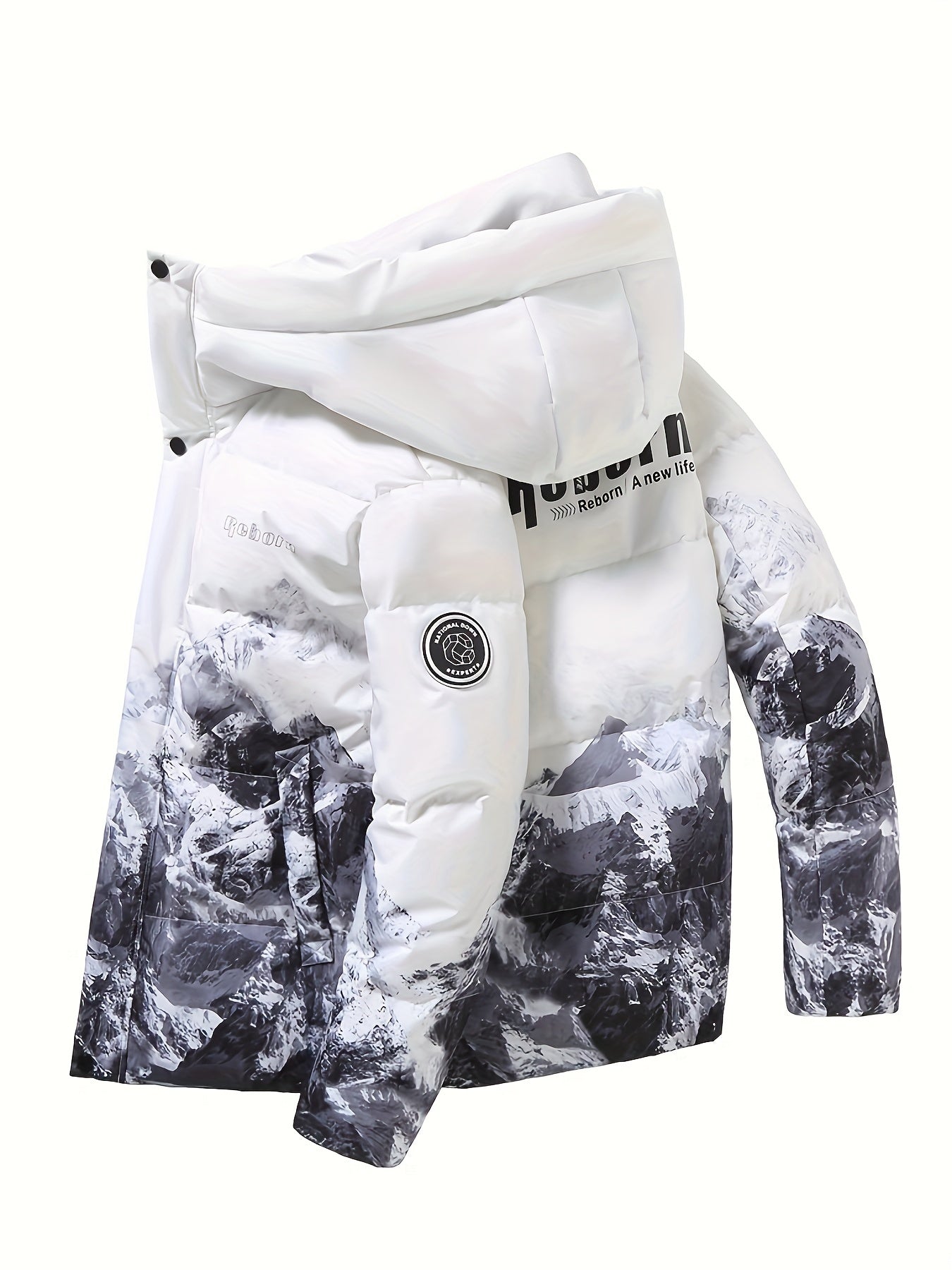 Men's Stylish Mountains Pattern Down Jacket With Pockets, Casual Breathable Zip Up Long Sleeve Warm Hooded Top For Winter City Walk Street Hanging Outdoor Activities