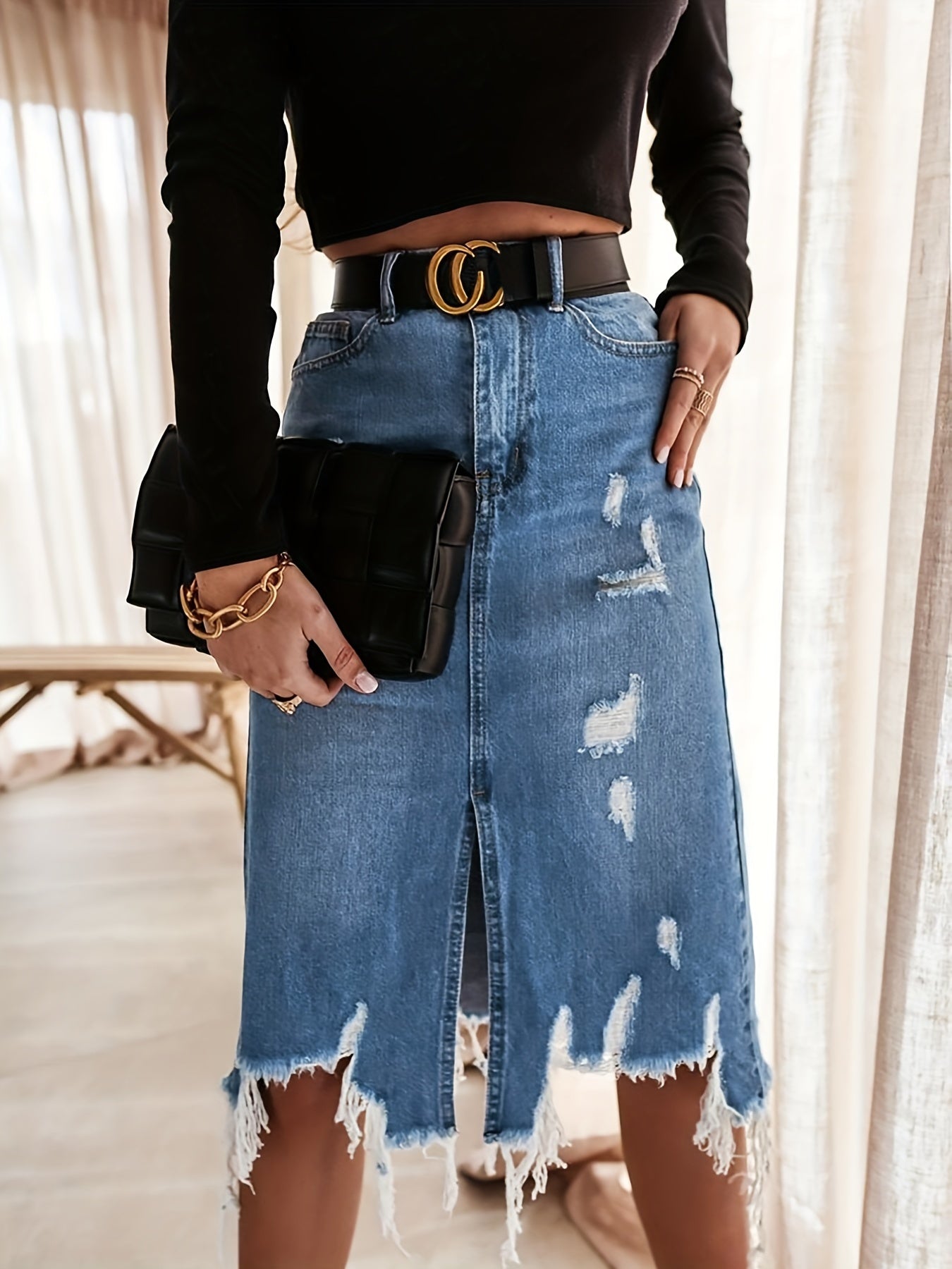 Chic Distressed Denim Skirt - Flattering High Rise, A-Line, Destroyed Hem, Knee-Length, Thigh Split - Womens Casual Fashion