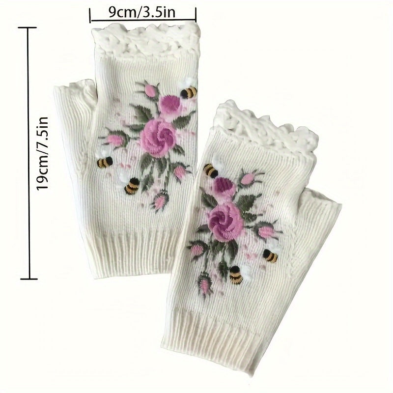 Vintage-Inspired Embroidered Floral Knit Gloves with Lace Trim - Touchscreen Compatible, Warm Half Finger Design for Women, Perfect for Fall & Winter