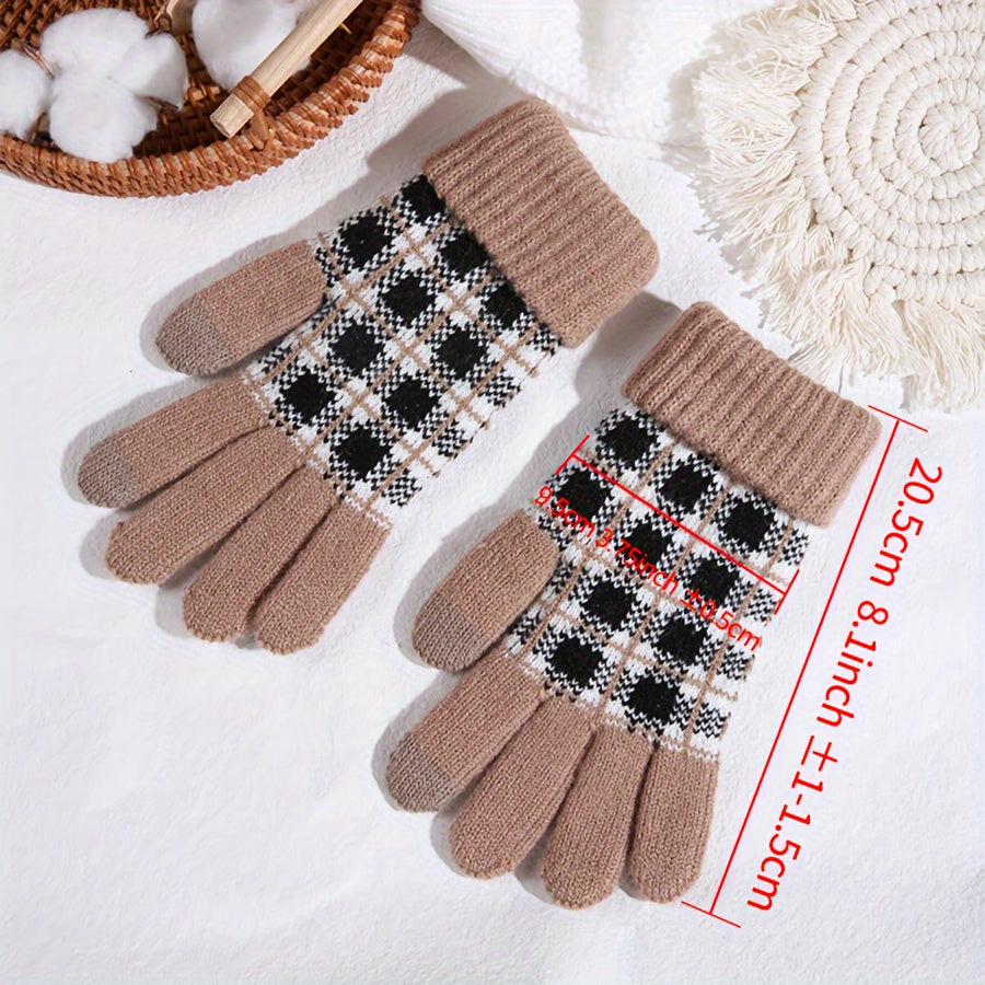 Thickened Full Finger Gloves - Warm, Touchscreen, Windproof, and Coldproof for Weekend Casual Sports - Acrylic Knit with Elasticity and Classic Contrast Color Plaid Design