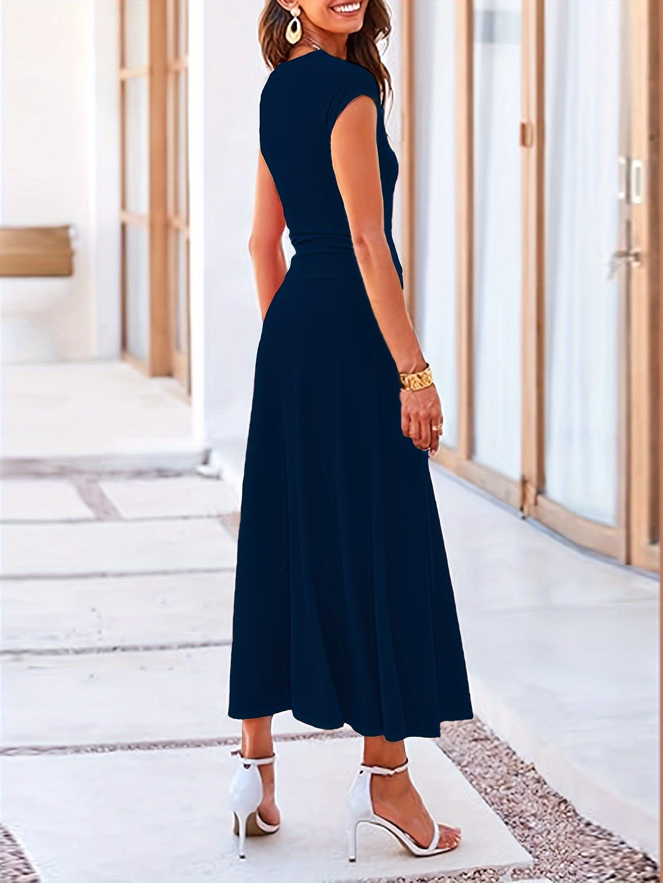 Chic Solid Color Casual Skirt Set - Ruched Crop T-shirt with Cap Sleeve, High Waist Flared Skirt, Comfortable Crew Neck, Women's Clothing for Everyday Wear