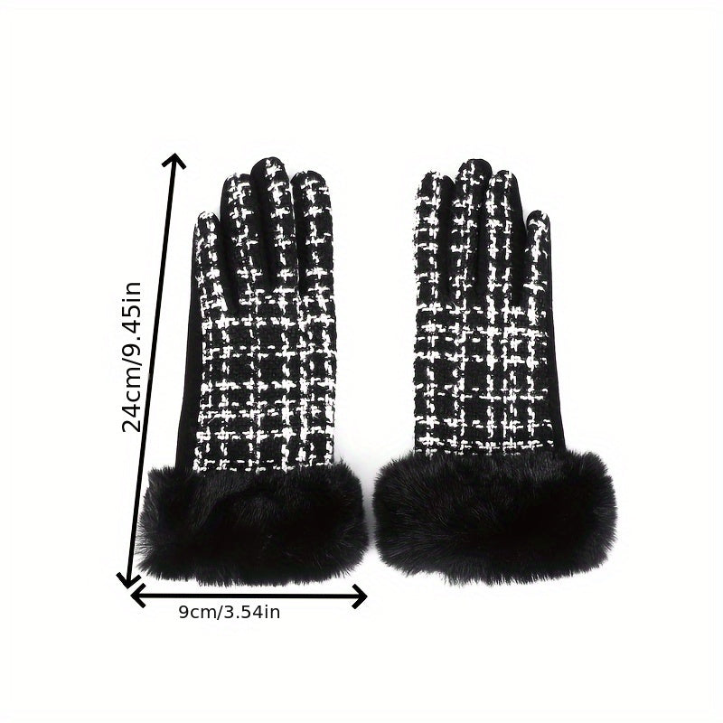 Stylish Houndstooth Touch Screen Gloves - Warm, Non-Elastic, Full Finger Polyester Woven Gloves with Faux Fur Cuffs, Perfect for Weekend Casual Use, Cold Weather, and Outdoor Activities