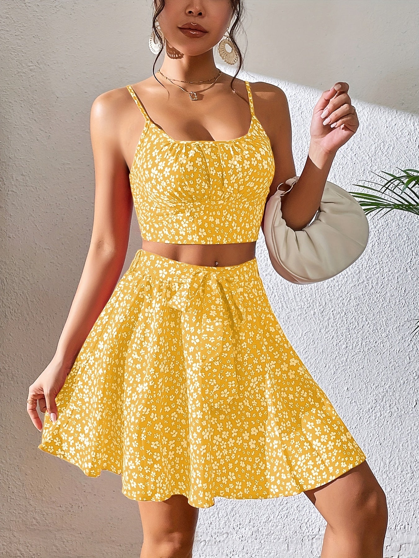 Spring/Summer Elegance: Ditsy Floral Crop Cami & Belted Skirt Set - Durable, Easy-Care Fabric, Ideal Comfort Fit