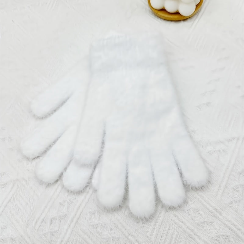 2pcs Elegant Solid Color Faux Mink Gloves - Warm, Stretchy Knit For Autumn & Winter | Non-Slip Grip, Perfect For Casual Outings