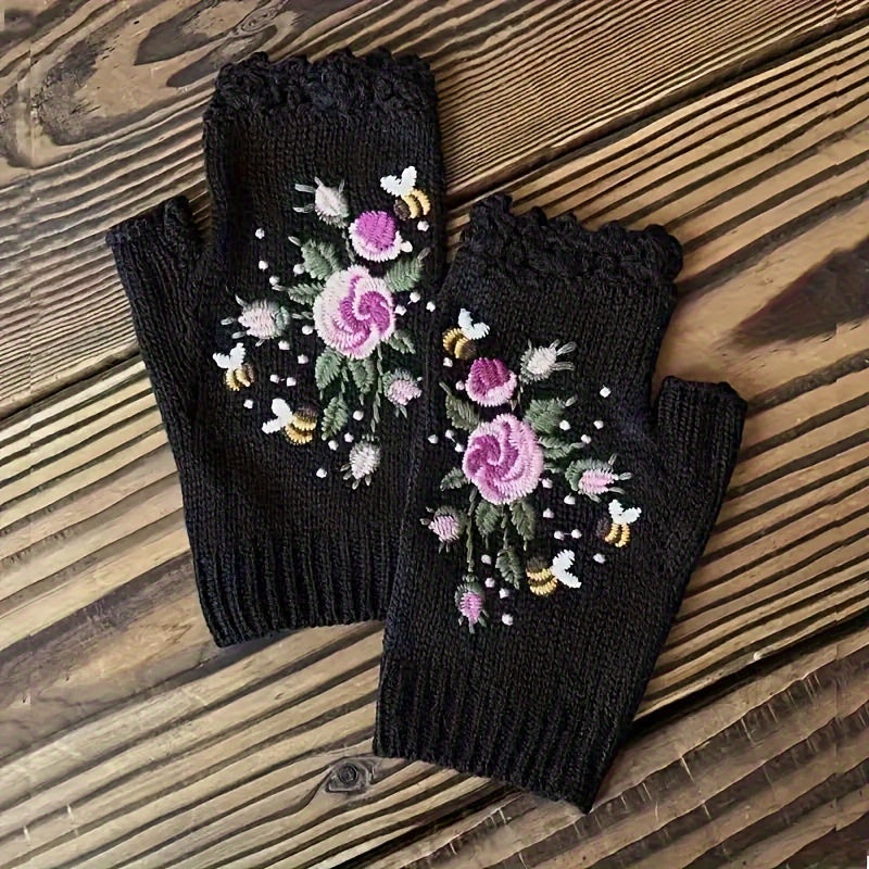 Vintage-Inspired Embroidered Floral Knit Gloves with Lace Trim - Touchscreen Compatible, Warm Half Finger Design for Women, Perfect for Fall & Winter