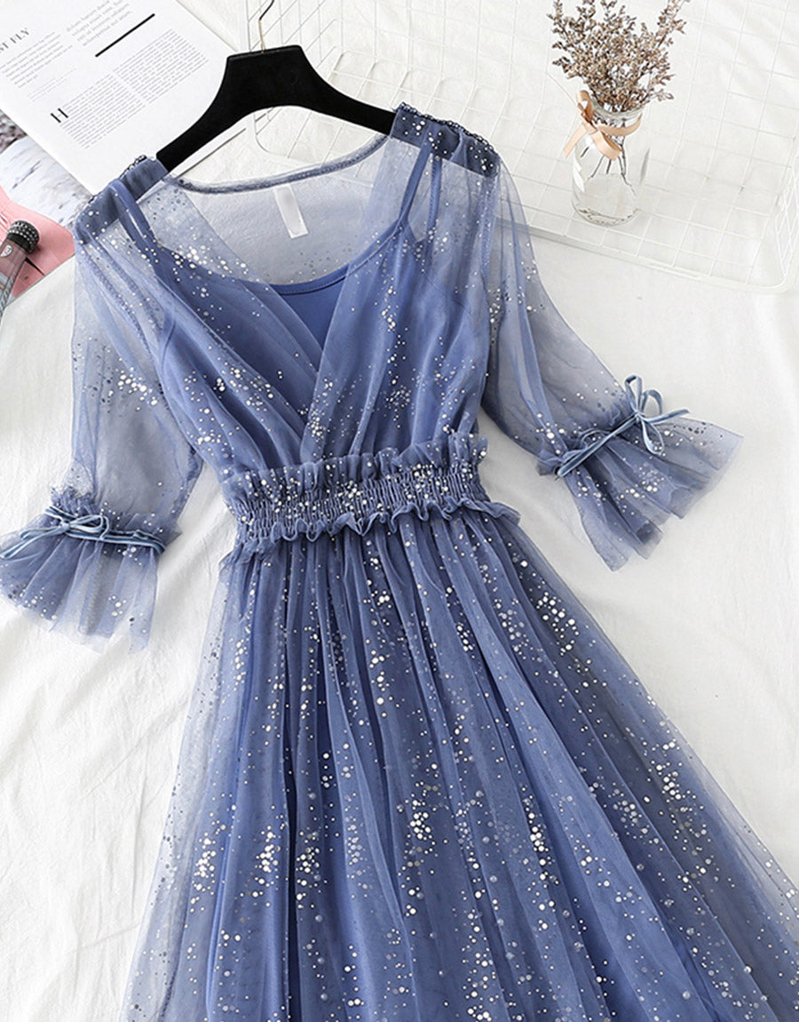 VAKKV A Line Two Pieces Tulle Dress With Sequins P336