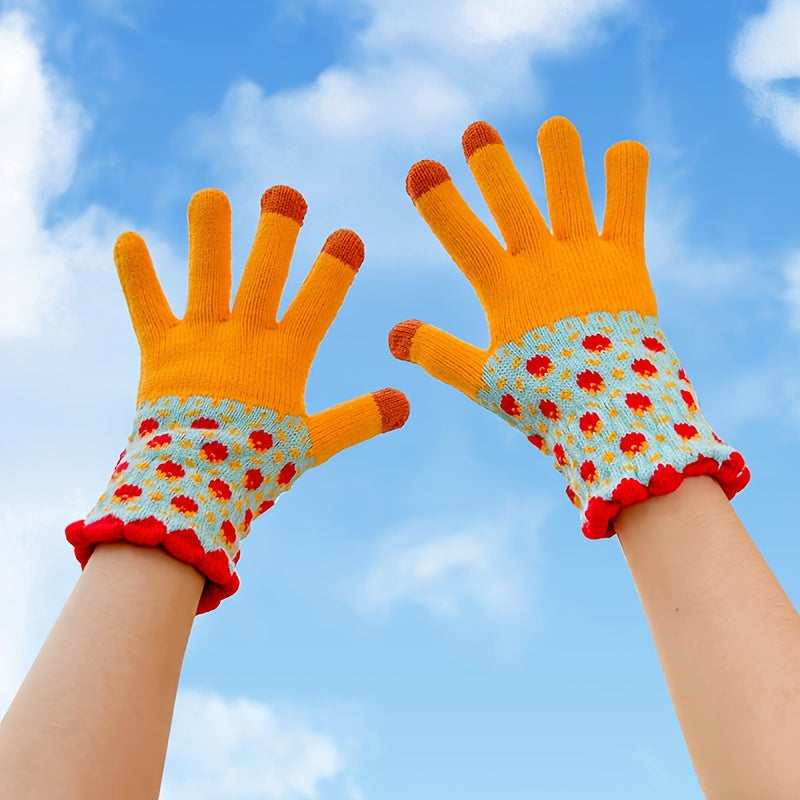 Cozy Knit Winter Gloves with Cute Patterns - Touchscreen Compatible, Windproof & Warm for Cycling and Skiing