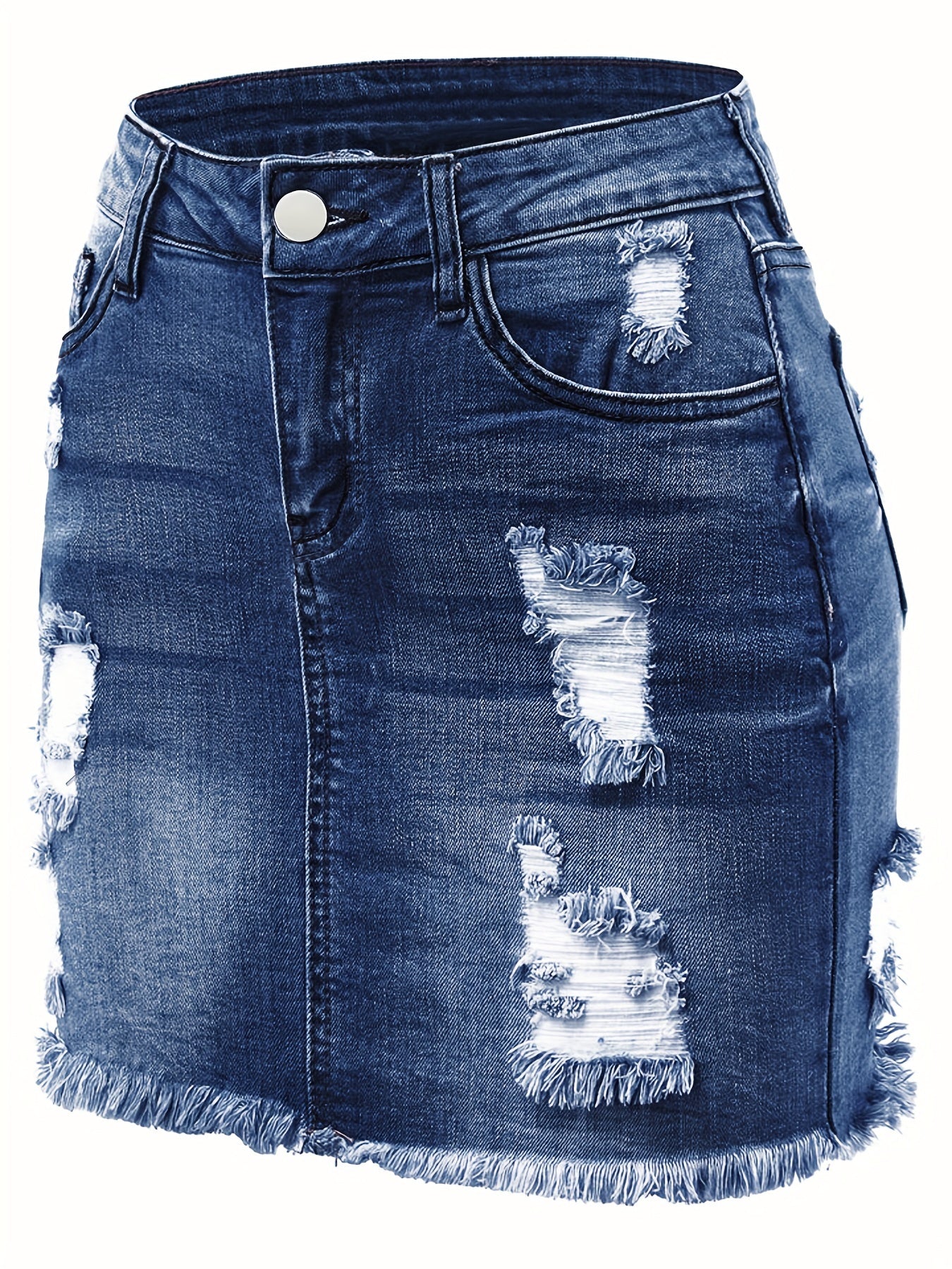 Plain Ripped Holes Denim Mini Skirt, Raw Hem High Stretch Distressed Denim Skirt, Women's Denim Clothing