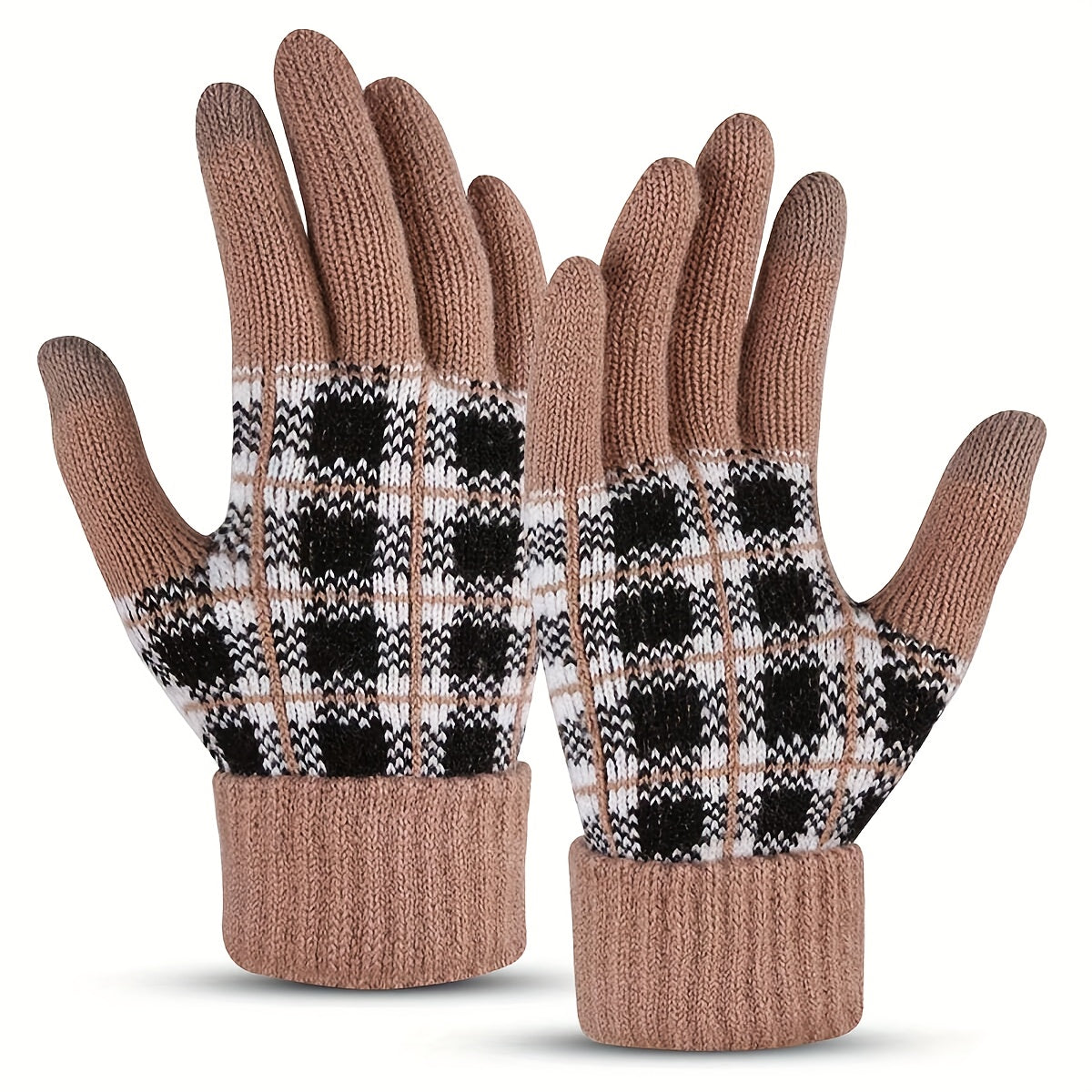 Thickened Full Finger Gloves - Warm, Touchscreen, Windproof, and Coldproof for Weekend Casual Sports - Acrylic Knit with Elasticity and Classic Contrast Color Plaid Design