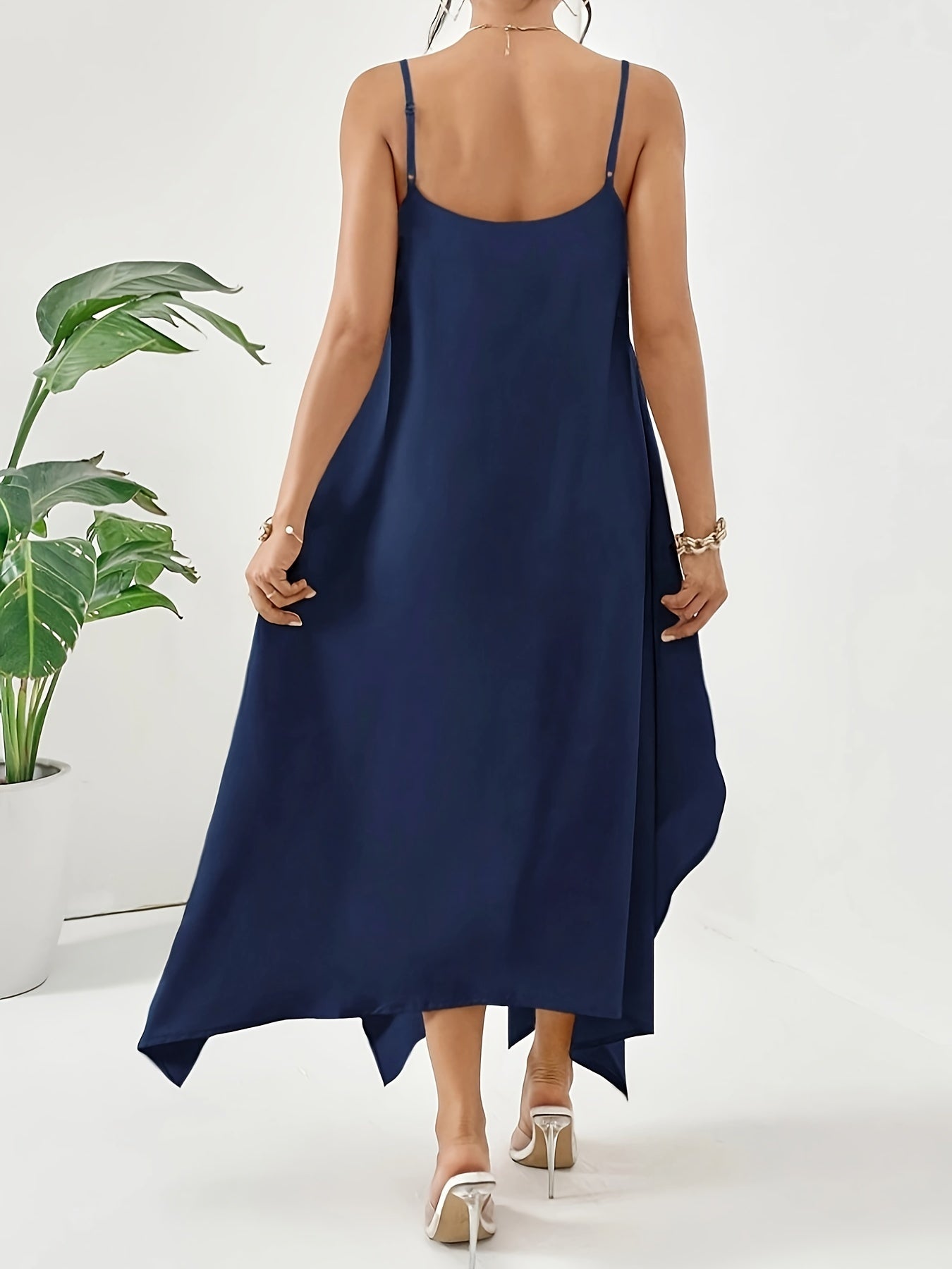 VAKKV Solid Asymmetric Hem Cami Dress, Casual Sleeveless Spaghetti Strap Dress, Women's Clothing