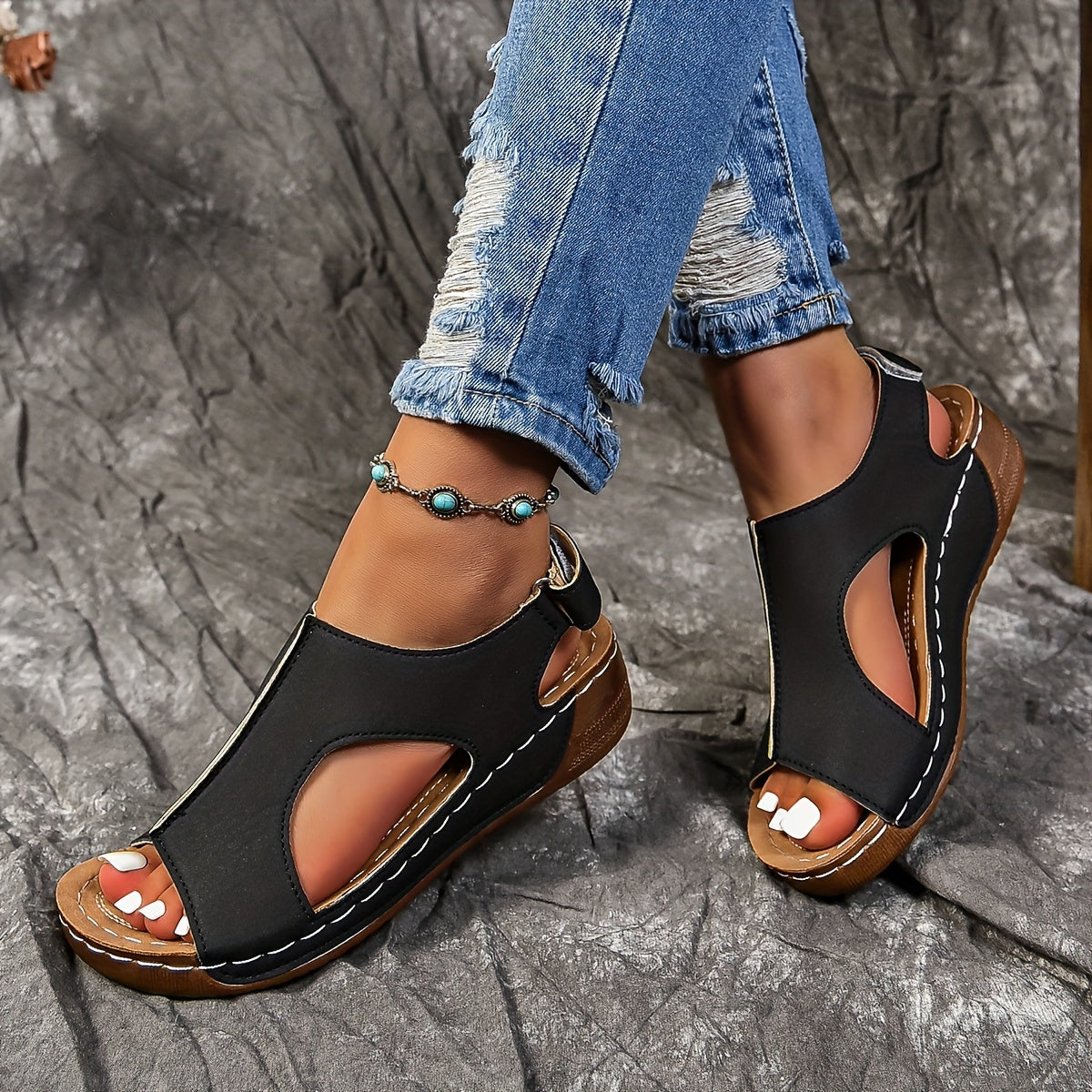 Mid Heel Wedge Sandals for Women - Comfortable Open Toe Ankle Strap Shoes with Faux Leather Upper, Polyurethane PU Sole, and Hook-and-Loop Fastener Closure for Casual Summer Wear - Solid Color, No Printing, Breathable and Easy to Slip On