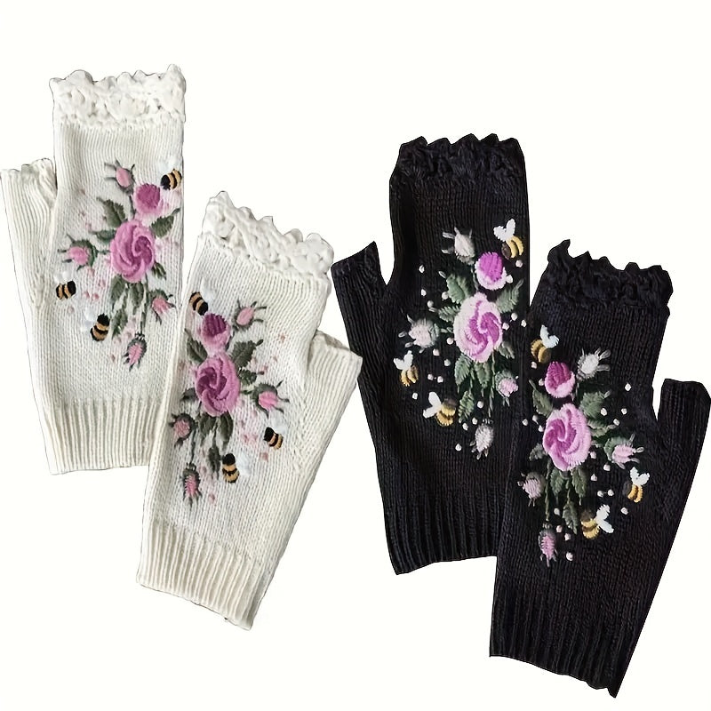 Vintage-Inspired Embroidered Floral Knit Gloves with Lace Trim - Touchscreen Compatible, Warm Half Finger Design for Women, Perfect for Fall & Winter