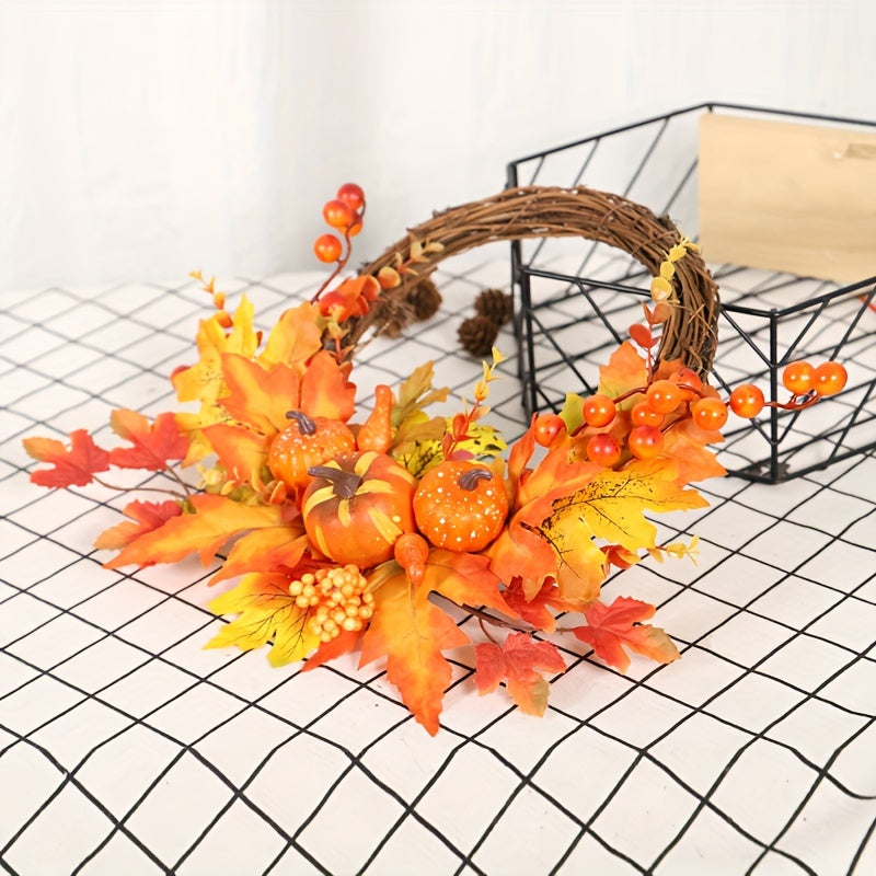 Autumn Harvest 15.8" Artificial Pumpkin & Maple Leaf Wreath - Perfect for Thanksgiving, Halloween, and Christmas Decor | Versatile Indoor/Outdoor Wall Hanging