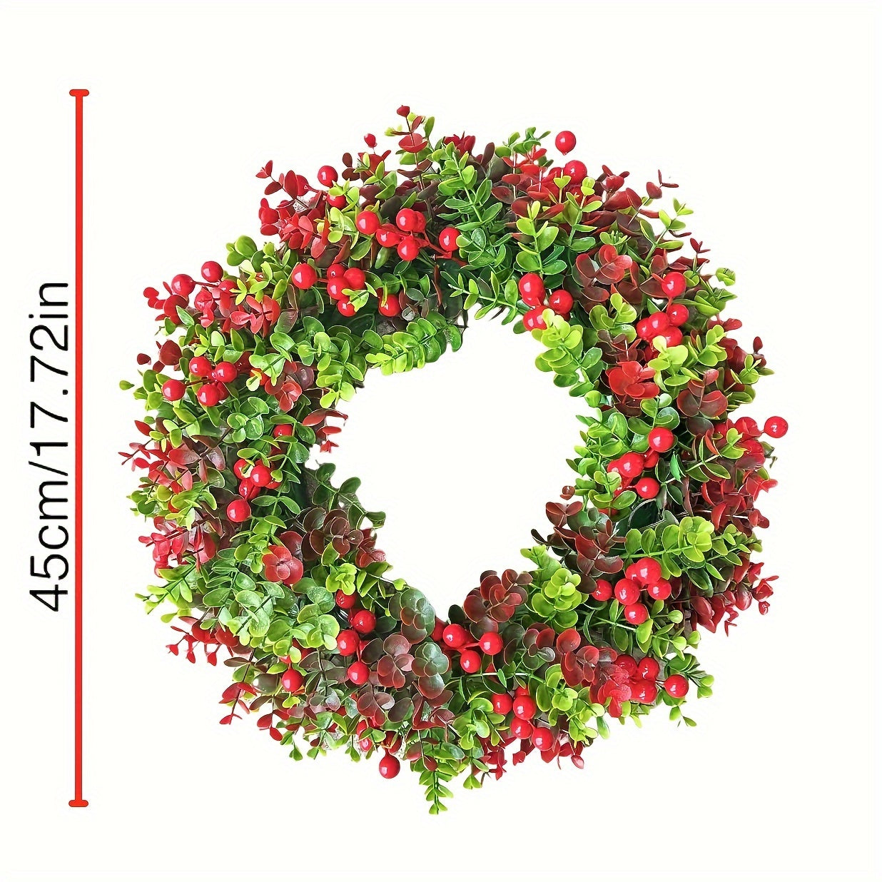 Charming 17.72" Christmas Wreath with Red Eucalyptus Berries - Perfect for Front Door, Fireplace & Window Decor | Indoor/Outdoor Holiday Centerpiece