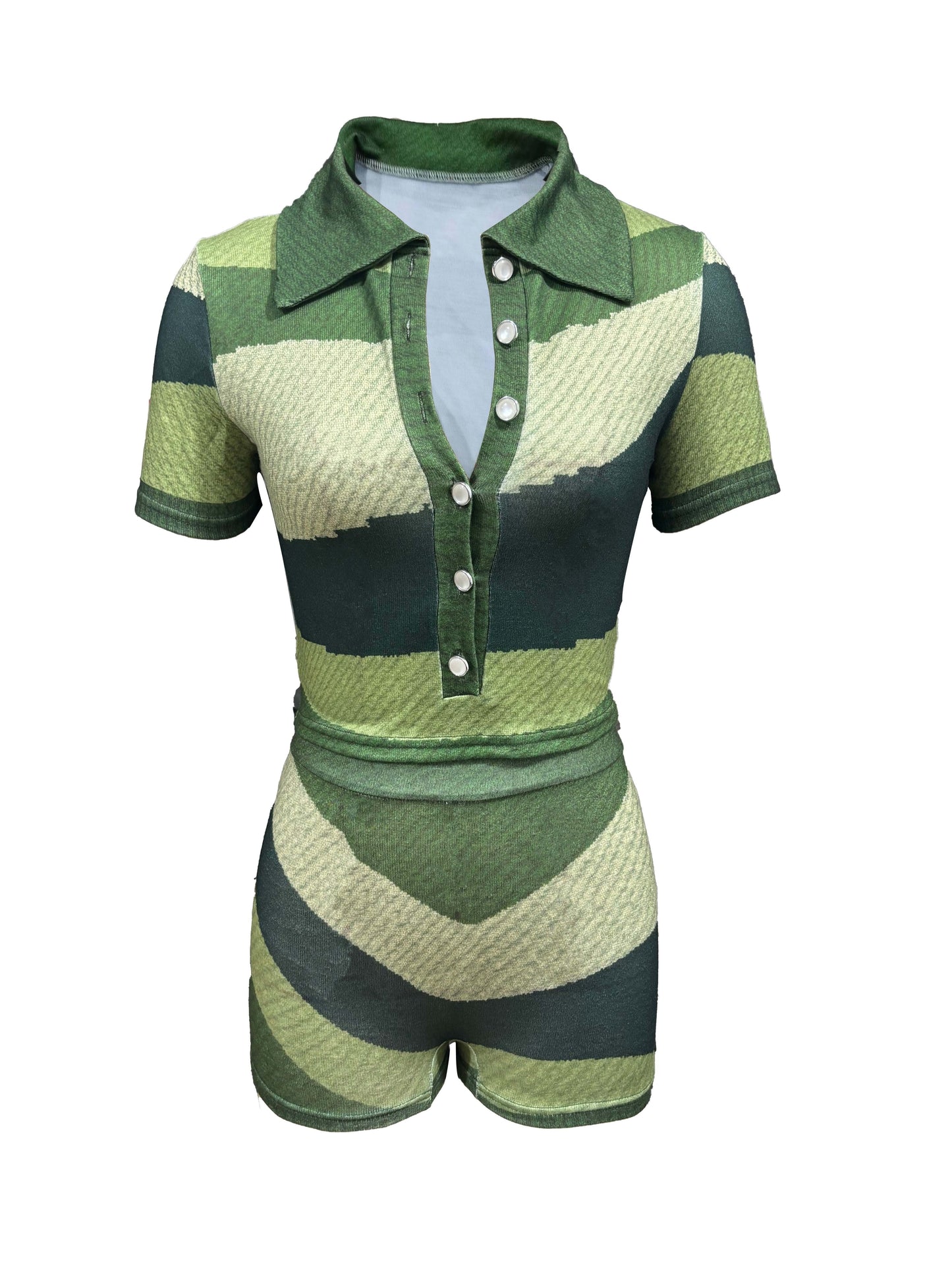 Two-Piece Y2K Color Block Lapel Collar Short Sleeve Top & Skinny Shorts Set - Polyester Mid-Elasticity Knit Fabric, Random Printing, Patchwork Pattern, Button Front, Perfect for Spring & Summer, Womens Clothing