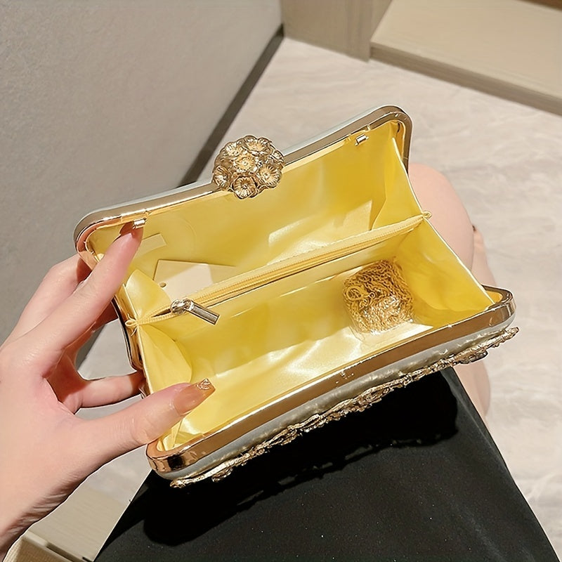 Hollow Rhinestone Evening Bag, Elegant Box Clutch Purse, Women's Handbags For Party Prom Wedding