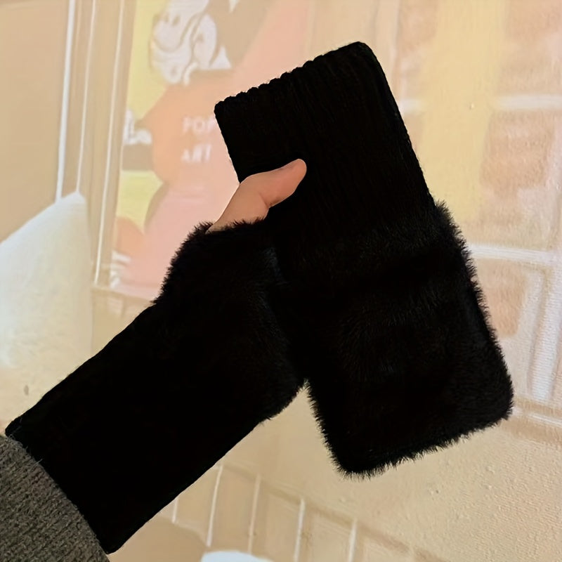 Women's Faux Fur Knitted Half-Finger Gloves, 2-Pack, Elastic Warm Winter Gloves for Office, Casual Outings, Hand Washable, Warmth & Comfort, Windproof Design