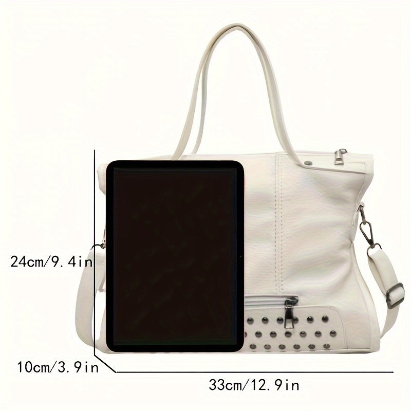Fashionable Shoulder Bag For Women, New Trend Casual Tassel Pendant Decoration, Large Capacity Tote Bag, Solid Color Rivet Inlay Design, Crossbody Bag, Retro And Stylish Handbag Suitable For Daily Commuting, Outdoor Shopping