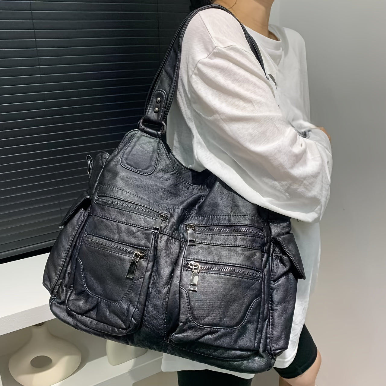 Large Capacity Vintage Multi-Pocket Faux Leather Tote Bag for Women with Removable Strap and Zipper Closure - Polyester Lined Work Bag from Guangzhou with Edge Painted Accessory-Free Design