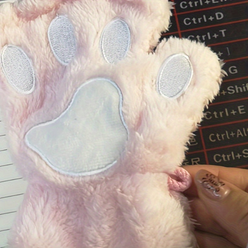 Cozy Cat Claw Plush Half-Finger Gloves - Thick, Warm & Soft For Autumn & Winter, Hand Wash Only, Perfect For Sports & Outdoor Activities