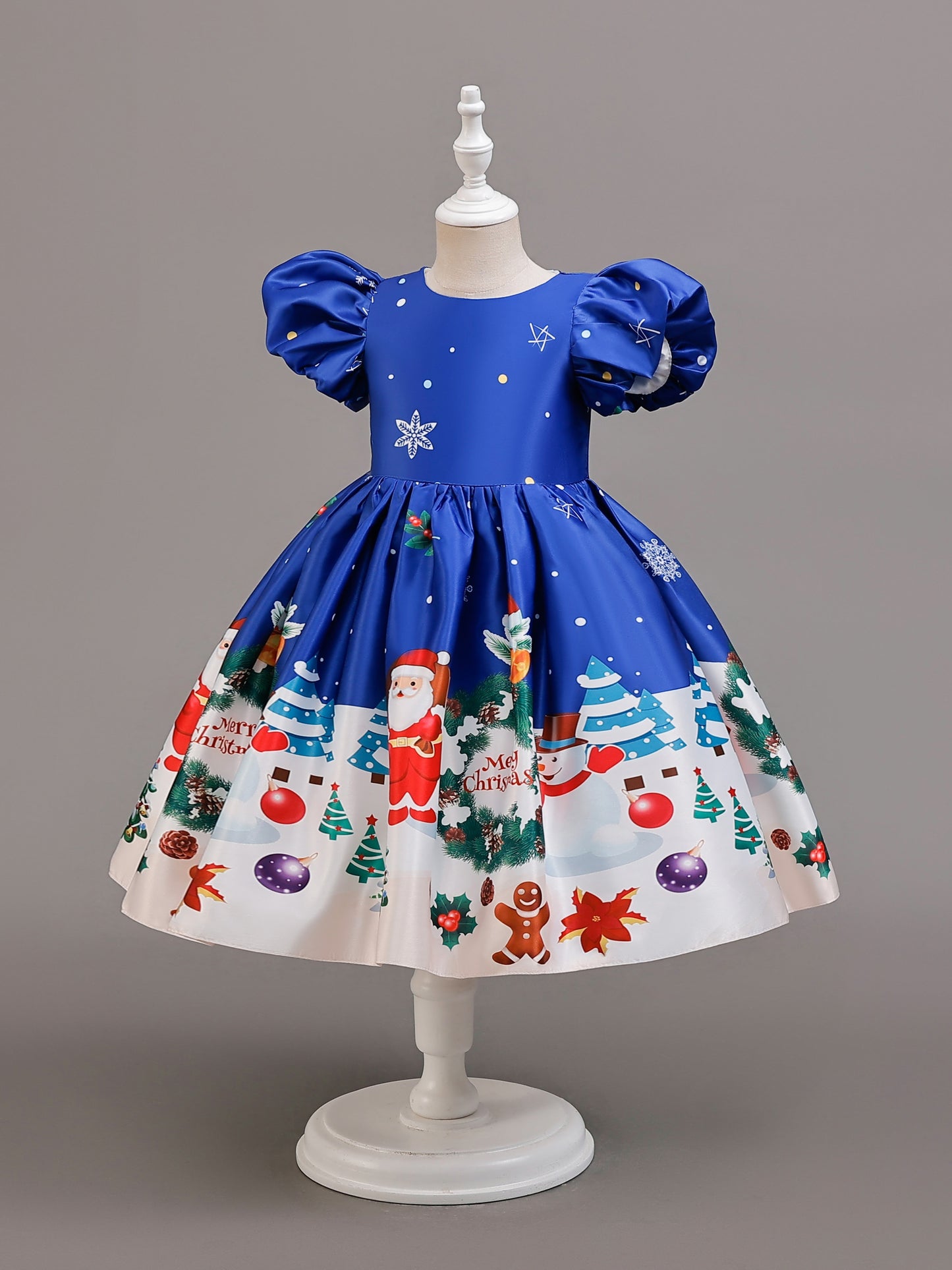 Adorable Girls' Christmas Dress with Santa & Snowflake Print - Puff Sleeve Princess Costume for Holiday Performances