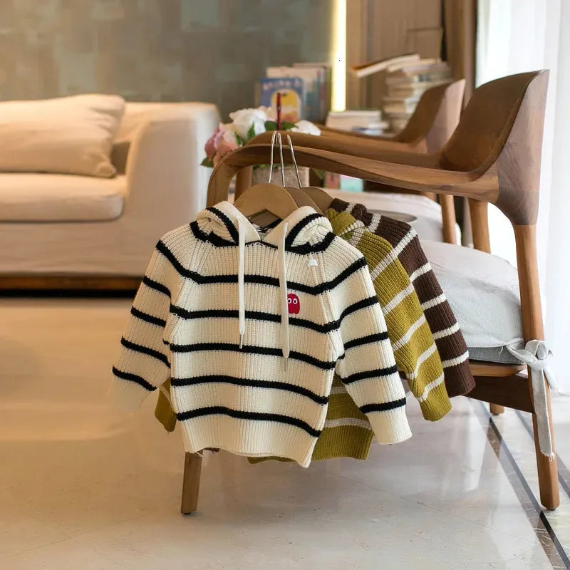Pullover European Stripe Style Knitted Children Boys And Girls Hoodies Jacket Winte Kids Sweaters with Hats 231115