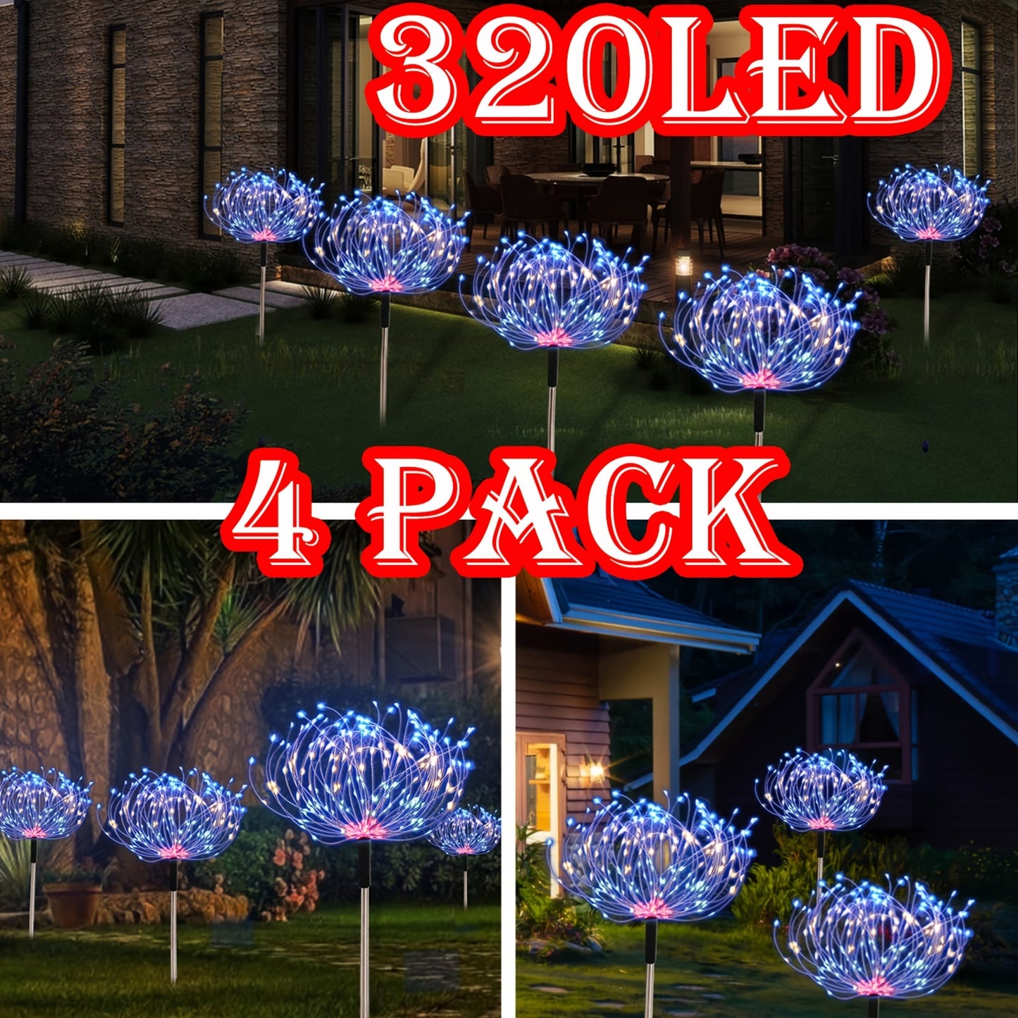 4pcs/1pc 320/240/90LED Solar Garden Lights Outdoor, Solar Firework Lights Upgraded and5 Waterproof Solar Powered Sparkler Lights For Outside With 8 Lighting Modes For Garden Yard Outdoor Decor, Halloween Christmas Decorations Outdoors (Warm White, Multico