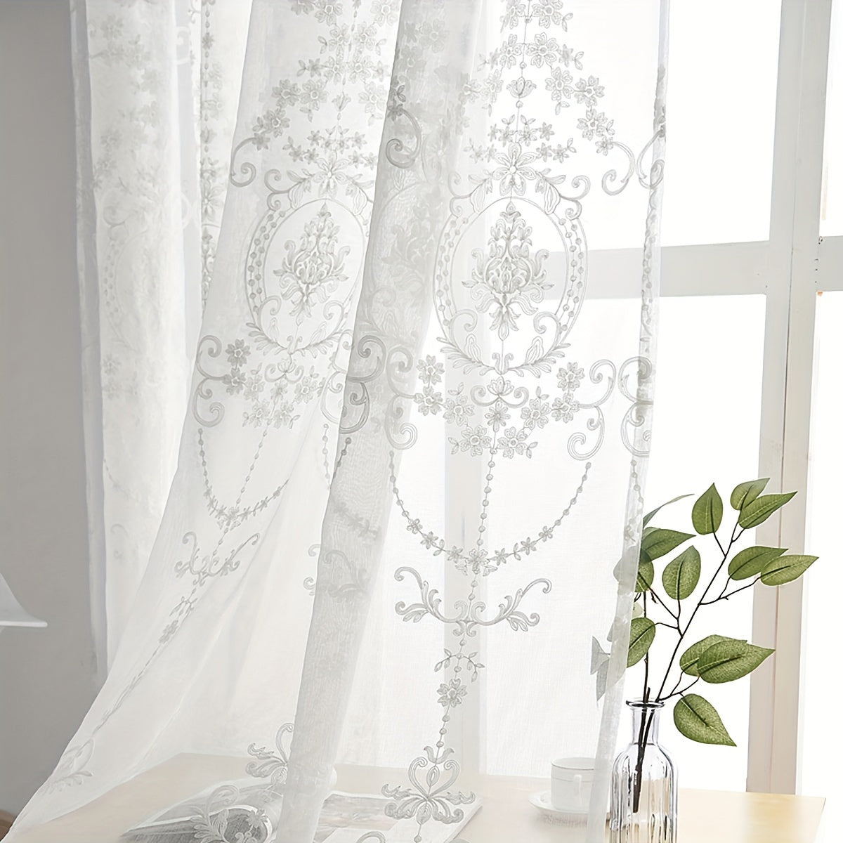 1pc Elegant White Embroidered Sheer Curtain - Simple Geometric Flower Pattern, Rod Pocket Design, Embroidered Yarn Fabric, Filters Soft Light, Adds Elegance to Living Room, Bedroom, Home Decor - Easy Care, Machine Washable