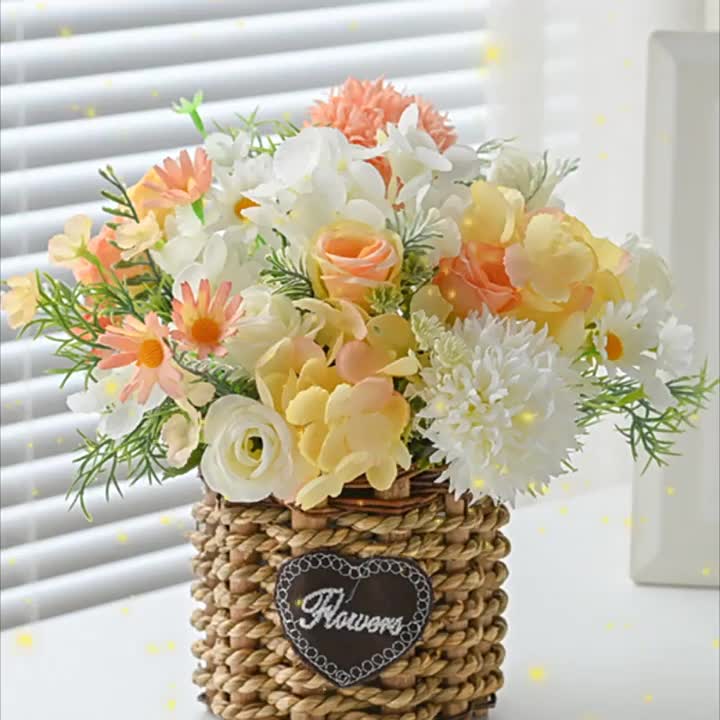 1pc Vibrant Sunflower Artificial Flower Arrangement - Rustic Woven Basket Vase, Realistic Faux Floral Display, Perfect for Valentine's Day, Home Decor, Tabletop Decoration, Durable Plastic Construction
