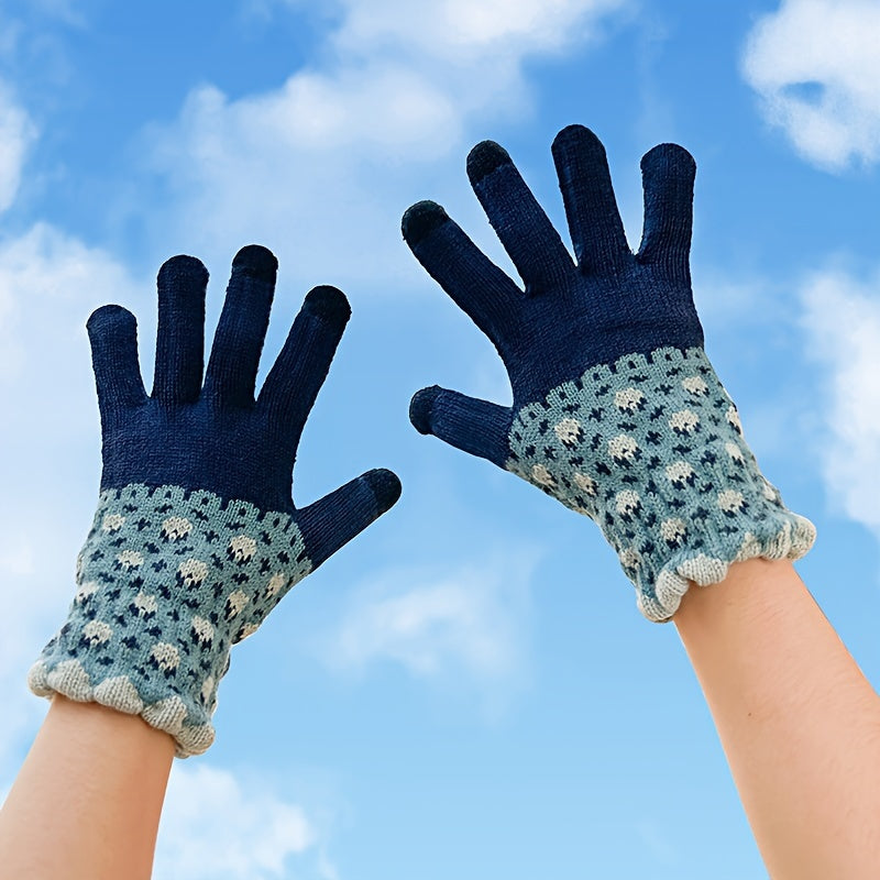Cozy Knit Winter Gloves with Cute Patterns - Touchscreen Compatible, Windproof & Warm for Cycling and Skiing