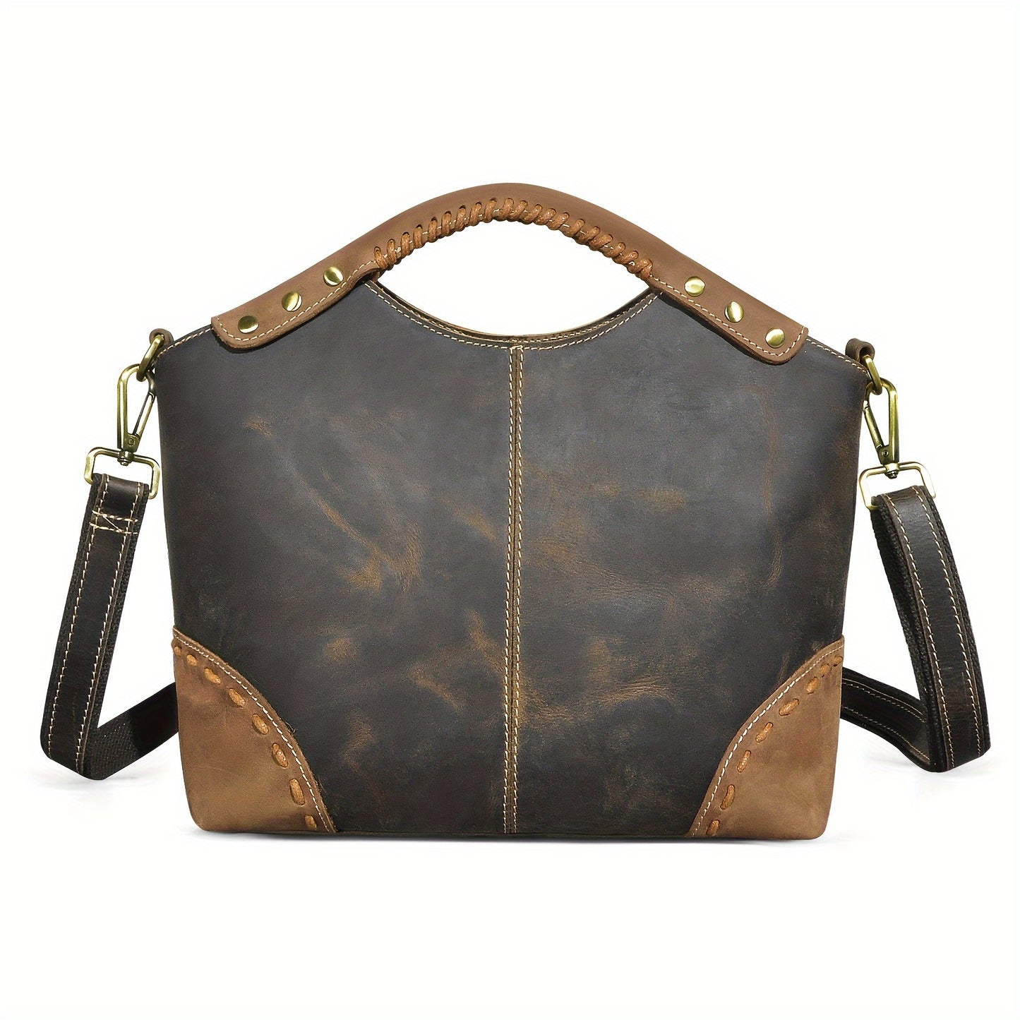 Vintage-Inspired Crazy Horse Leather Satchel Tote Bag for Women - Durable, Stitched, and Spacious with Removable Strap, Adjustable Shoulder Strap, and Polyester Lined Zippered Interior - Perfect for Work, School, or Daily Use