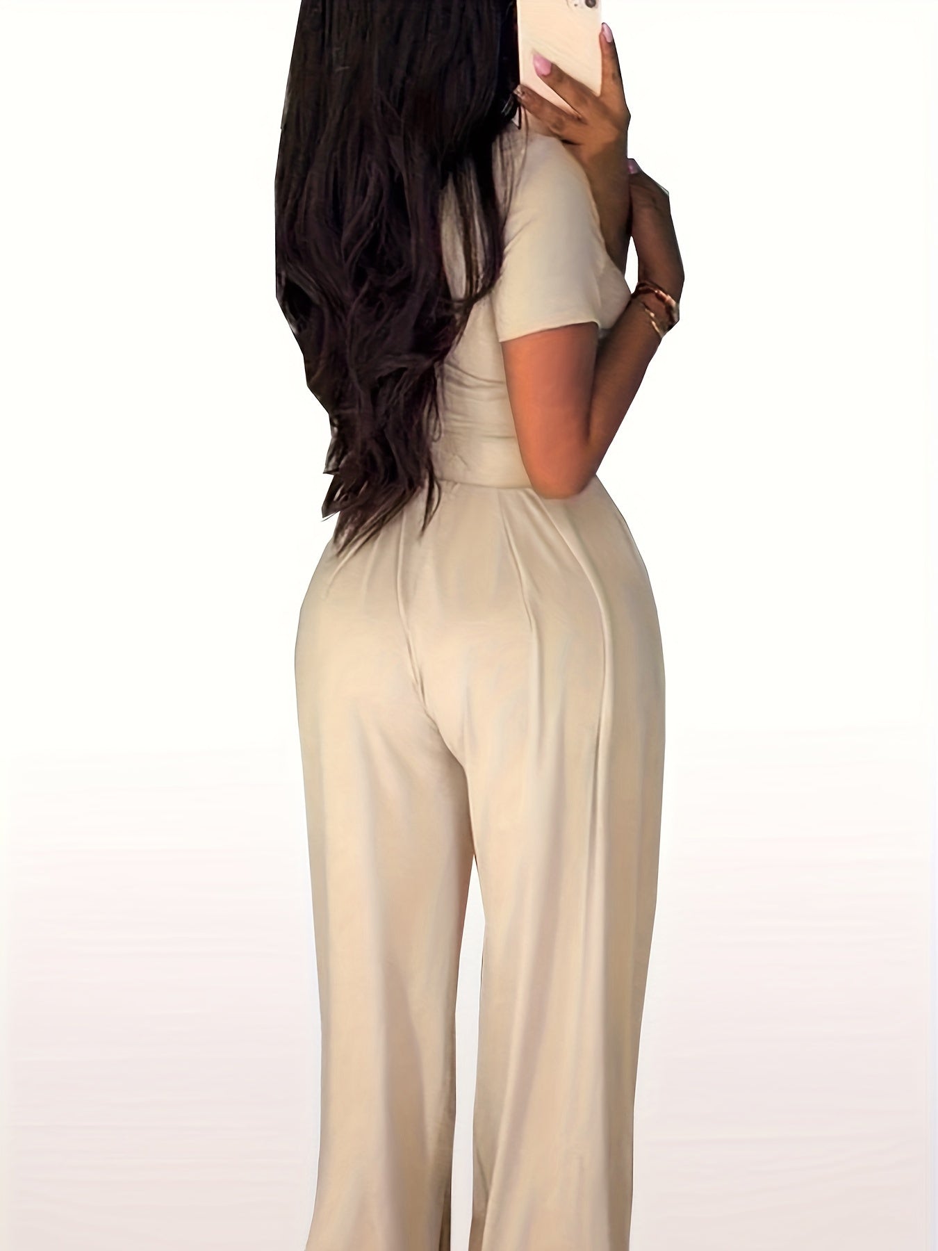 Stylish Solid Color Pantsuits - Short Sleeve Slim Crop T-shirt & Floor Length Wide Leg Pants Outfits for Women - Comfortable, Versatile, and Chic Clothing for Everyday Wear