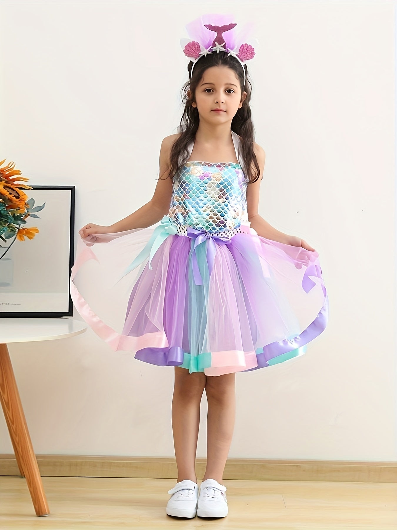Tutu Dress and Headband Set - Sparkling Fish Scale Pattern Mesh Outfit for Girls - Perfect for Christmas, Halloween, Birthday Party, Performance, and Gift-Giving Occasions