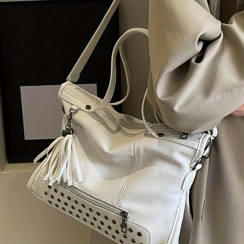 Fashionable Shoulder Bag For Women, New Trend Casual Tassel Pendant Decoration, Large Capacity Tote Bag, Solid Color Rivet Inlay Design, Crossbody Bag, Retro And Stylish Handbag Suitable For Daily Commuting, Outdoor Shopping