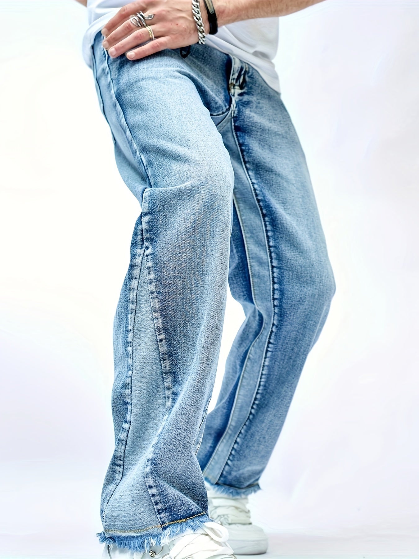 Stylish Spliced Straight Leg Jeans - Men's Fashionable Loose Fit Casual Pants with Personalized Touch - Versatile, Comfortable, and Trendy