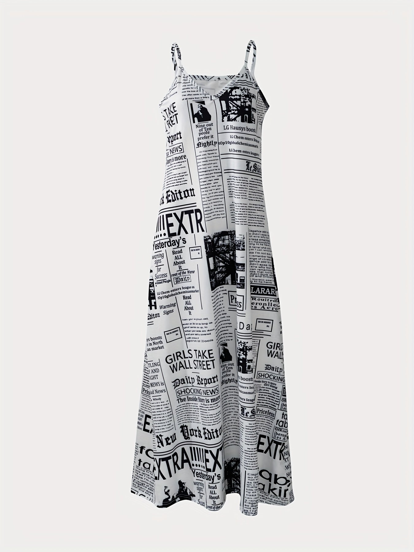 VAKKV Trendy Newspaper Print Maxi Dress - Boho Style, Spaghetti Strap V-Neck, Perfect for Summer Outings & Parties, Women's Fashion