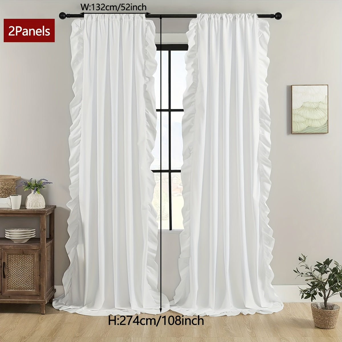 2-Panel French Romantic Ruffled Semi-Blackout Curtains - Elegant White Bay Window Balcony Decor for Living Room and Bedroom - Country Chic Home Decor with Soft Ruffles and Easy Hang Design