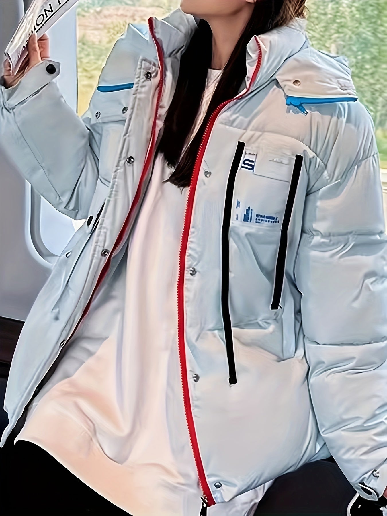 Contrast Trim Zip Up Down Jacket, Elegant Long Sleeve Hooded Coat For Winter, Women's Clothing