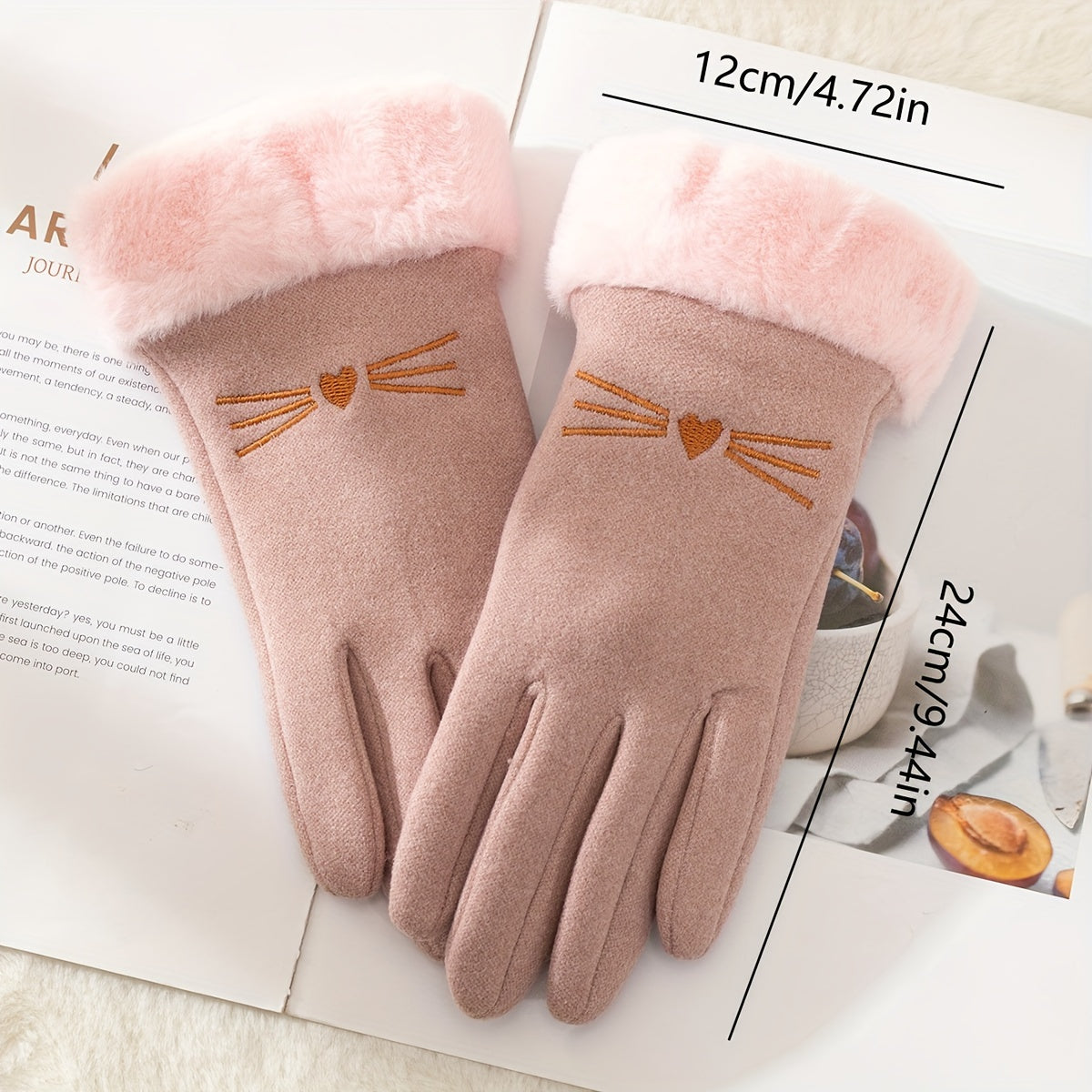 Cozy Women's Suede Gloves with Cute Cat Design - Warm Fleece-Lined Winter Gloves with Plush Cuffs, Touchscreen Compatible & Windproof