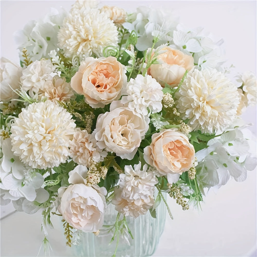 4pcs Silk Peony & Hydrangea Bouquets - Realistic Artificial Flowers for Wedding Decor, Table Centerpieces & Home Garden
