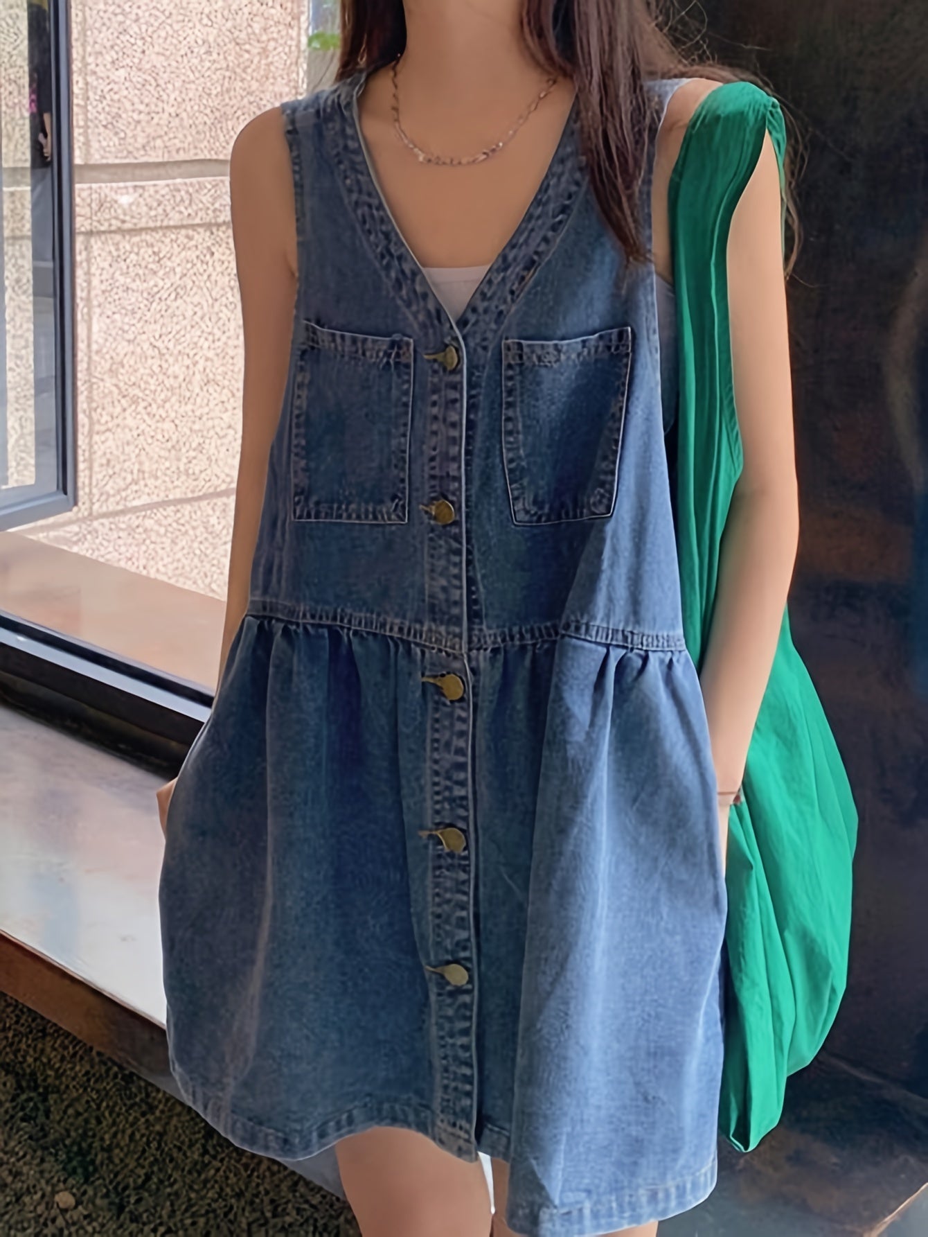 Plain Washed Blue V Neck Button Closure Sleeveless Casual Style Denim Dress, Women's Denim Jeans & Clothing