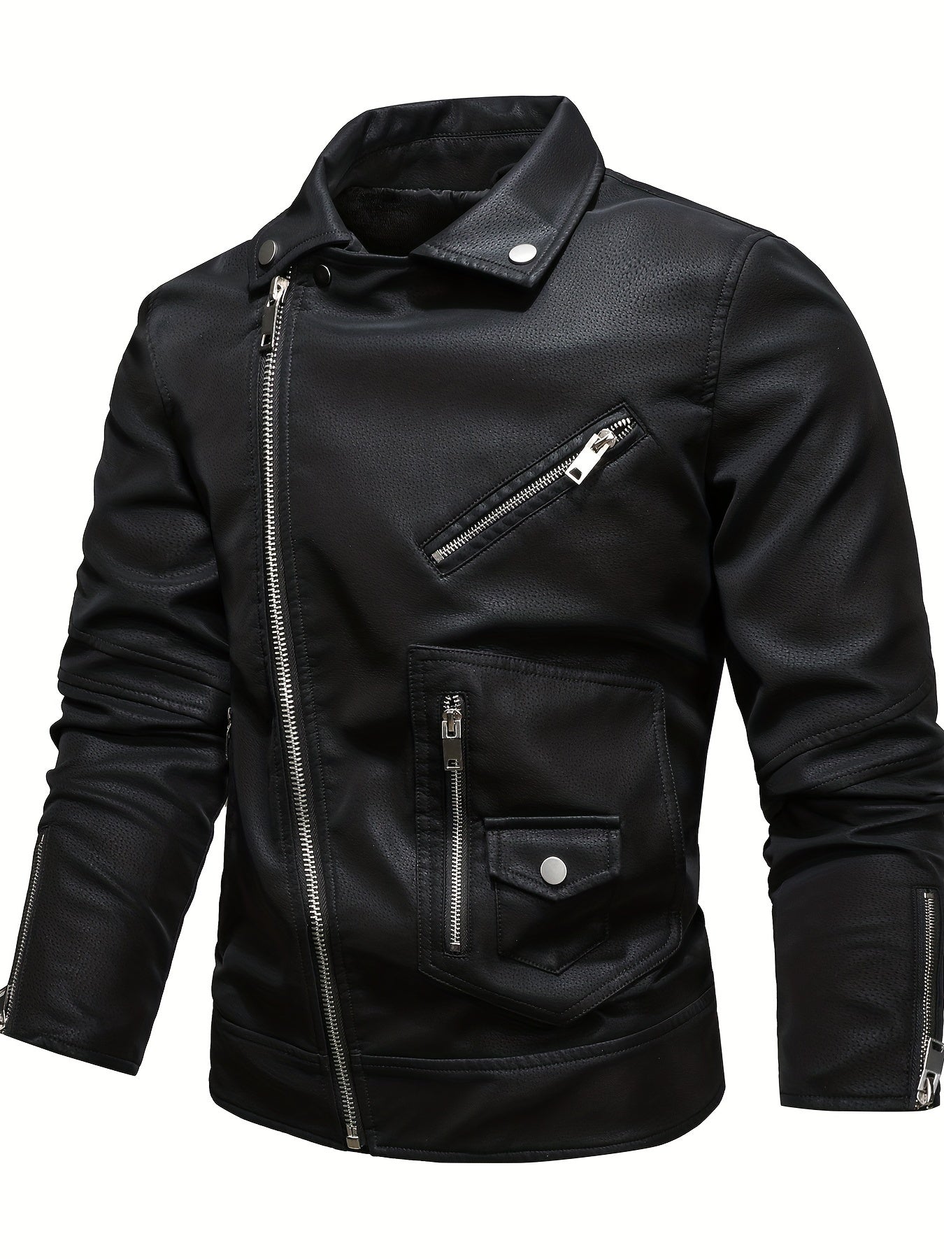 Mens Long Sleeve Lapel Thermal PU Leather Jacket with Zipper Pocket - Water-Resistant, Windproof, and Warm for Fall and Winter Outdoor Activities - Perfect for Casual Weekend Getaways and Going Out